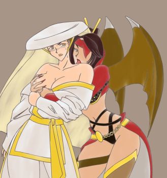 2d 2girls ashrah bat_wings black_hair blush breast_grab breasts dress female female_only mortal_kombat multiple_girls nitara topless vampire yuri