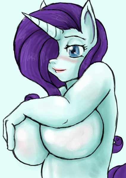 anthro blush equine female female_only friendship_is_magic fur horn huge_breasts krakensan mammal my_little_pony pony rarity_(mlp) solo straight_hair topless unicorn