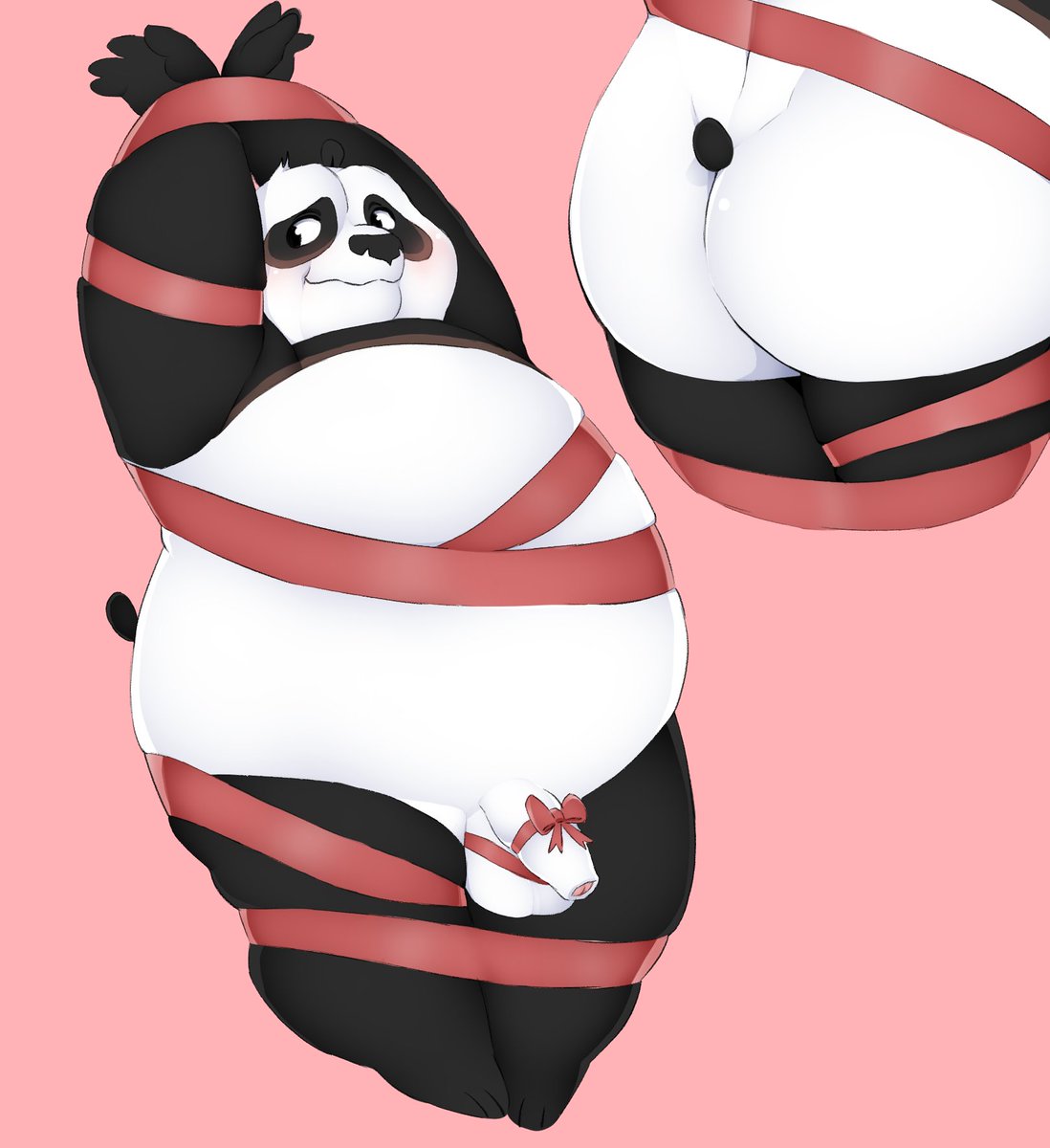 2025 anthro balls bear belly big_belly black_body black_nose blush bound dreamworks genitals giant_panda hi_res hypnokoo kung_fu_panda male mammal master_po_ping overweight overweight_male penis pink_background simple_background solo white_body