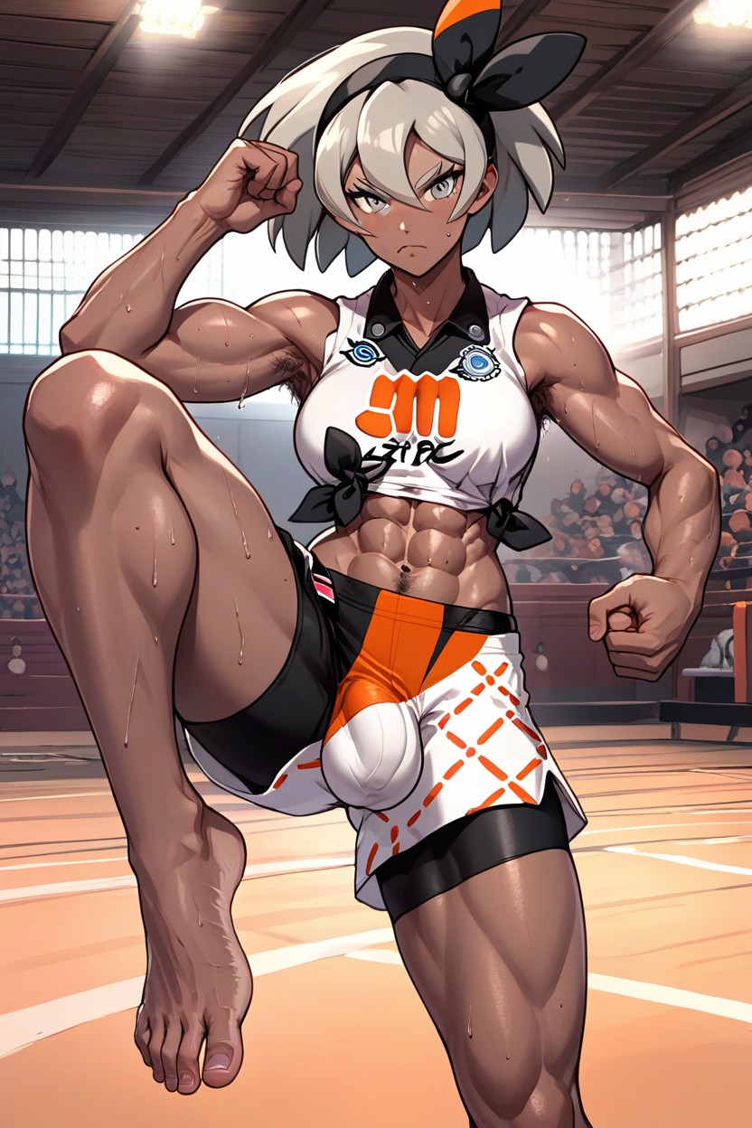 abs ai_generated armpit_hair bea_(pokemon) bulge countershade_feet futanari grey_hair happy_trail knee_up muscular muscular_female pokemon sweaty toned toned_female