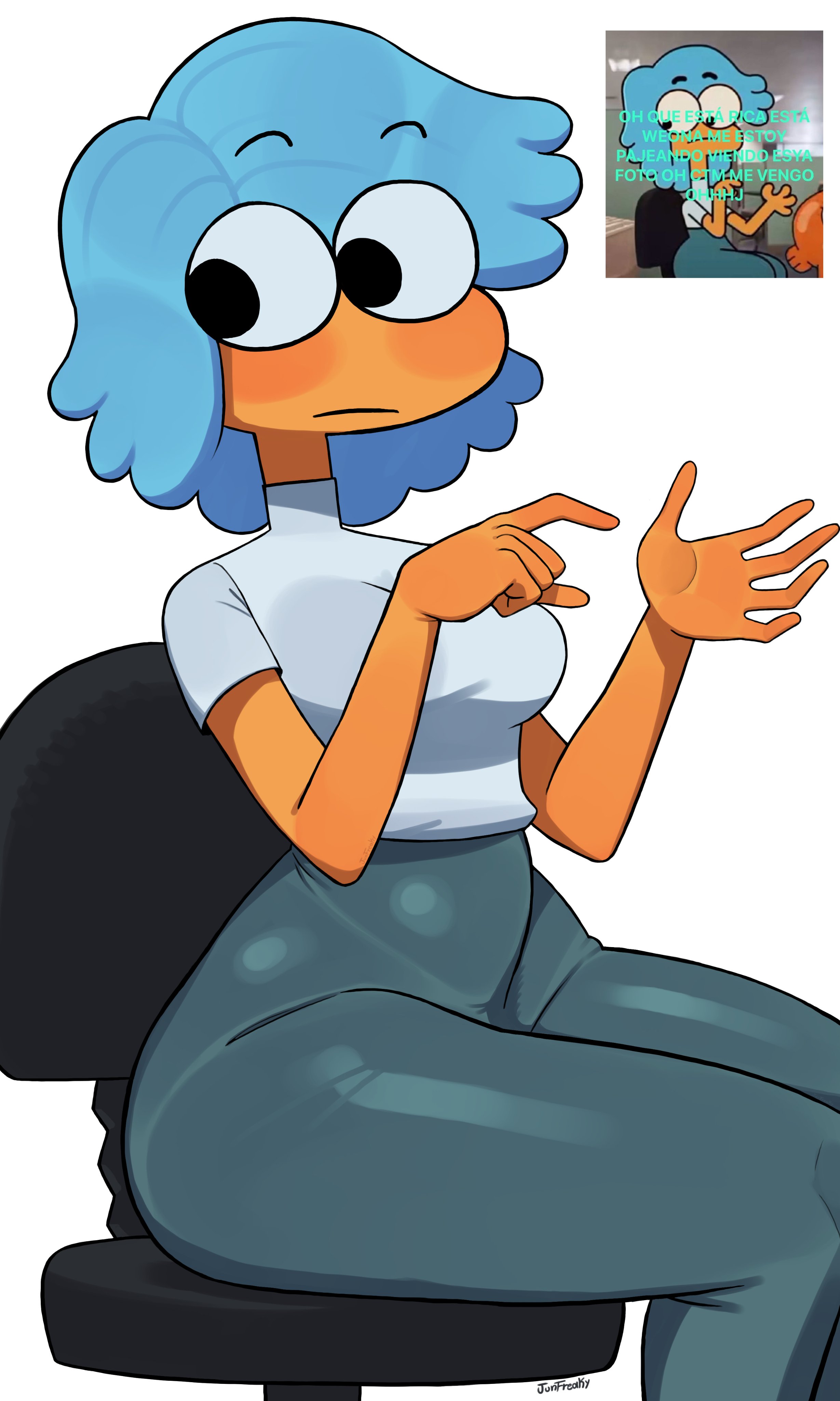 average breasts, big thighs, blue hair, flight attendant (the amazing world of gumball), junbutfreaky, junfreaky, leggings, mature female, office chair, orange body, spanish text, tagme, tawog, the amazing world of gumball