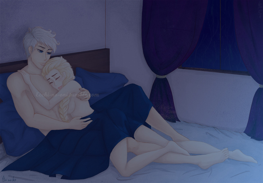 1boy 1girls after_sex bare_legs bed bedroom blonde_hair casual_nudity closed_eyes crossover cuddling disney disney_princess dreamworks dreamworks_animation elsa_(frozen) embrace fanon_couple female frozen_(film) hugging jack_frost jack_frost_(rise_of_the_guardians) jelsa laying_on_back laying_on_bed light-skinned_female light-skinned_male light_skin lying_on_person male male/female night nighttime nude on_bed paramount_pictures rise_of_the_guardians shirtless silver_hair straight topless under_sheets white_hair wholesome