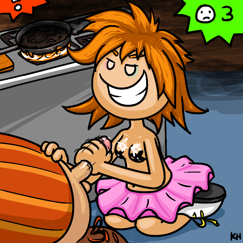 1boy 1boy1girl 1girls adult breasts clothed clothing color female flipline_studios handjob king_heron kneeling male male/female mitch_(papa_louie) orange_hair papa_louie partially_clothed pasties penis shoes smiling tutu video_game_character video_games xandra_(papa_louie)