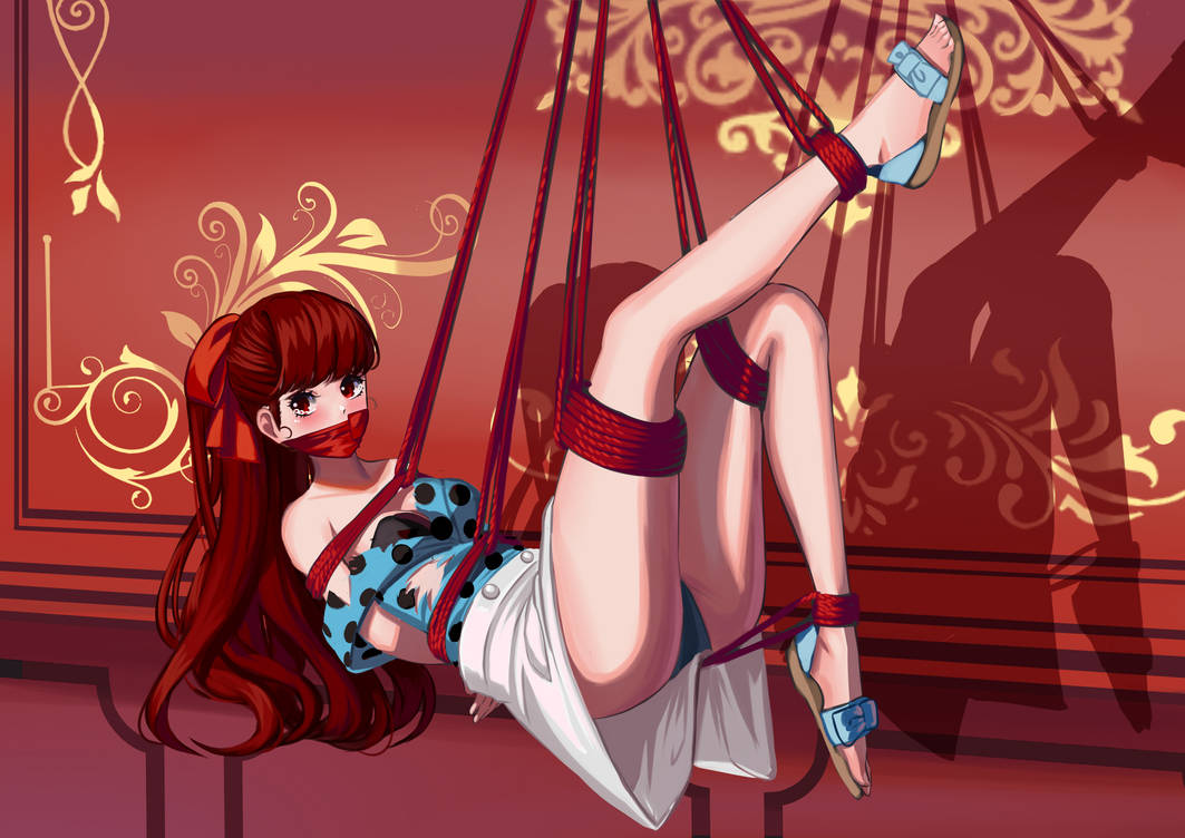 2d 2d_(artwork) arms_behind_back atlus blush bondage bound cailin020 female female_focus female_only gag humiliation kasumi_yoshizawa light-skinned_female light_skin looking_at_viewer one_leg_up panties persona persona_5 red_hair skirt skirt_up suspended_in_midair suspension_bondage thick_thighs thighs upskirt