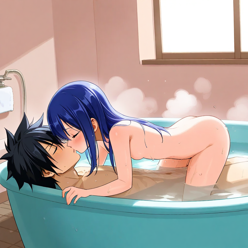 1boy ai_generated black_hair blue_hair couple couple_(romantic) fairy_tail female gray_fullbuster naked petite_girl sex small_breasts wendy_marvell