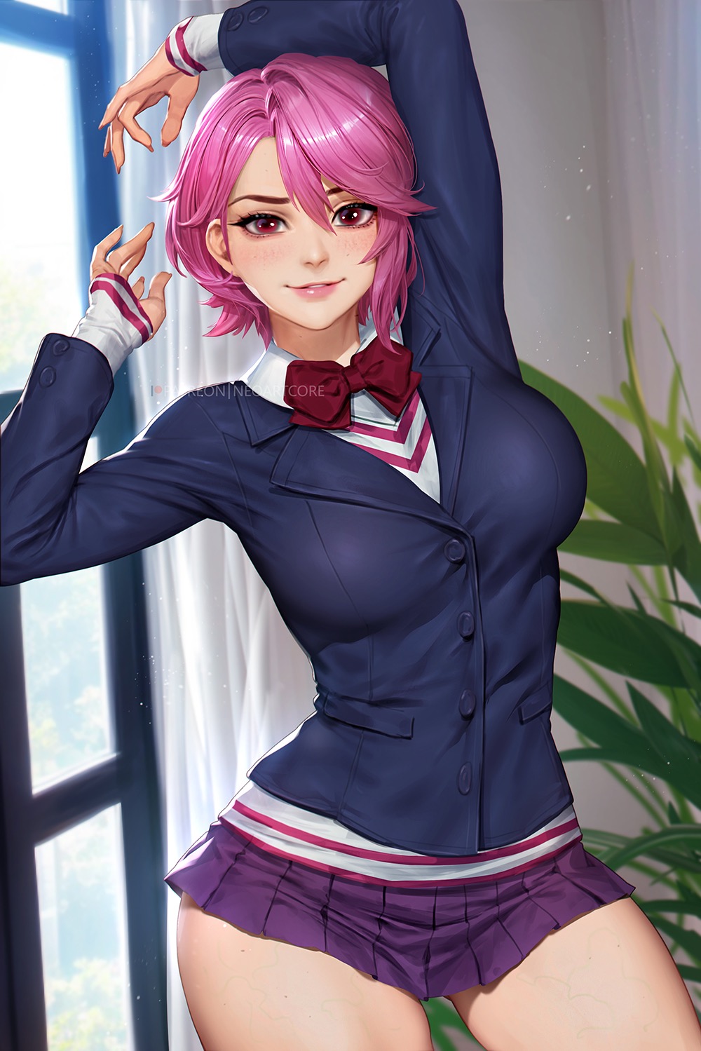 breasts cute_face dandadan female female female_only neoartcore pink_hair posing posing_for_the_viewer sexy_armpits shiratori_aira_(dandadan) short_hair short_skirt smiling student teenager thick_thighs thighs