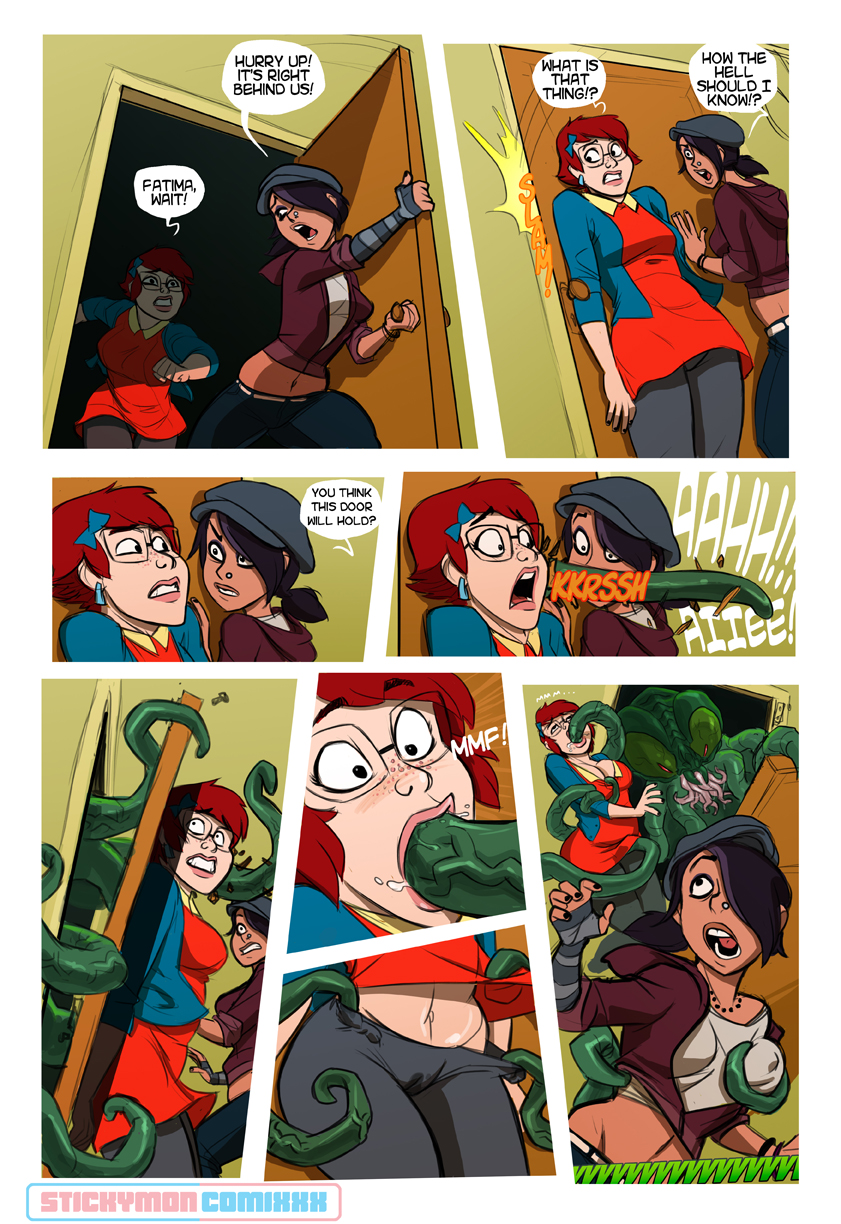 2girls, black eyes, black hair, breast grab, breasts, cameltoe, character request, cleavage, comic, dialog, dress pull, earrings, english, erect nipples, eyewear, fellatio, female, glasses, hat, midriff, monster, monster on female, navel, nipple bulge, nipples, oral, piercing, pussy, pussy juice stain, red hair, restrained by tentacles, sex, stickymon, stripped by tentacles, tentacle, tentacle around arm, tentacle around breast, tentacle in mouth, tentacle on female, tentacles under clothes, undressing