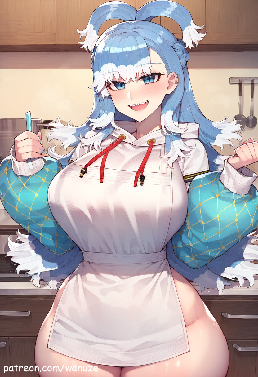 ai_generated apron big_ass big_breasts big_butt big_thighs blue_eyes blue_hair blush cropped_jacket hololive hololive_indonesia hoodie huge_ass huge_breasts huge_butt huge_thighs kitchen kobo_kanaeru no_pants virtual_youtuber wanuze wide_hips