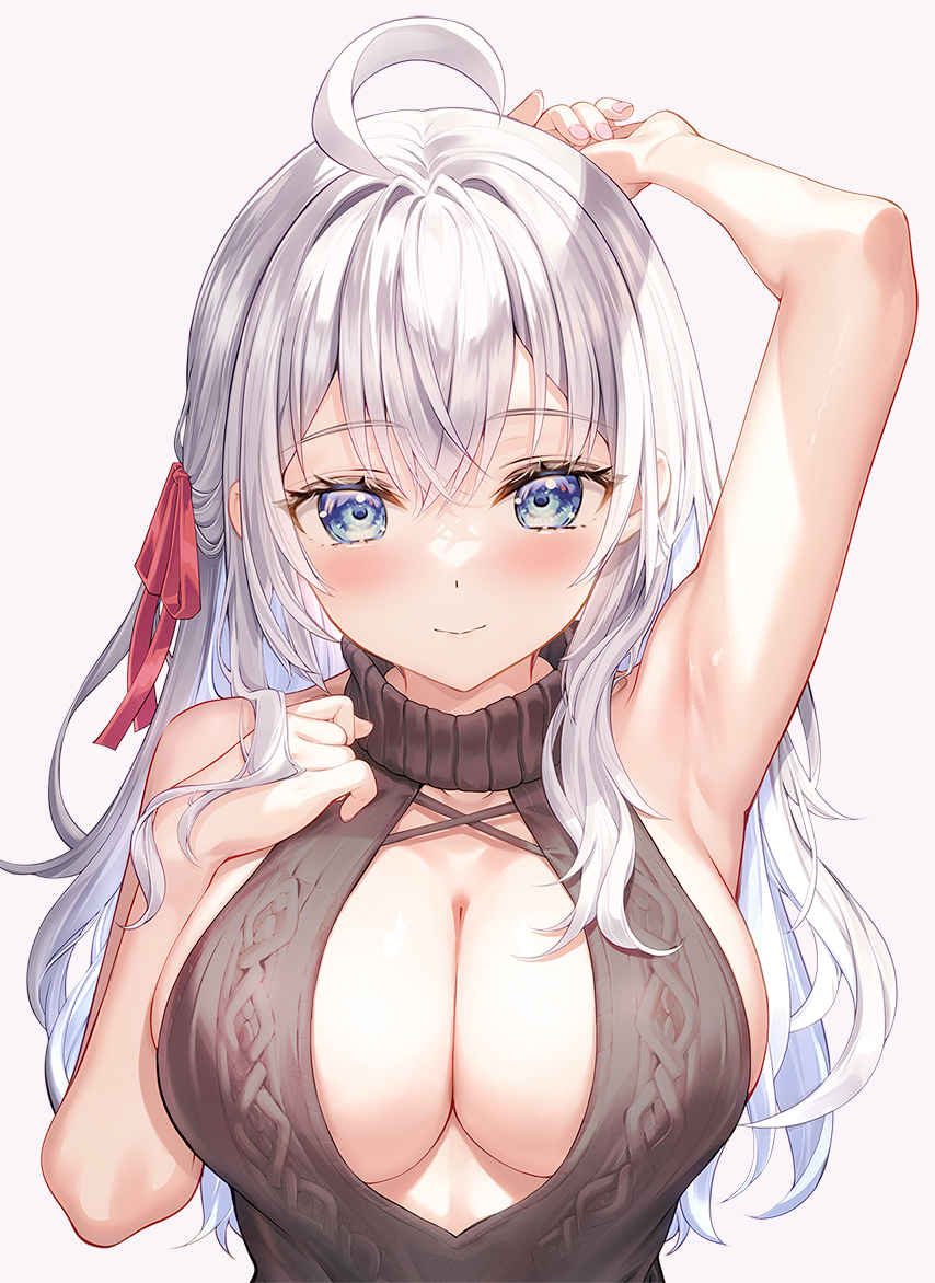 ahoge alisa_mikhailovna_kujou arm_up armpits bare_arms bare_shoulders big_breasts blue_eyes blush breasts cleavage closed_mouth collarbone fujima_takuya long_hair no_bra russian shiny_skin sideboob sleeveless_dress smile sweater tokidoki_bosotto_russian_de_dereru_tonari_no_alya-san upper_body white_hair