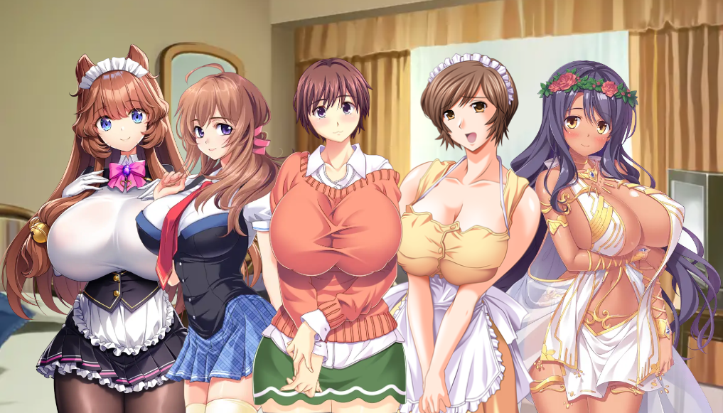 5girls abel_howlicia bed bedroom clothed_female curtains edited_image fukunaga_koharu game_cg hotel hotel_room inami_mashiro kyonyuu_reijou_mc_gakuen madellie_parnepoli motto!_haramase!_honoo_no_oppai_isekai_oppai_maid_gakuen! motto!_haramase!_honoo_no_oppai_isekai_oppai_meido_gakuen! multiple_girls nonomiya_momoko resort_boin saimin_class sex_open_world_e_youkoso! shimai_tsuma_3 television window