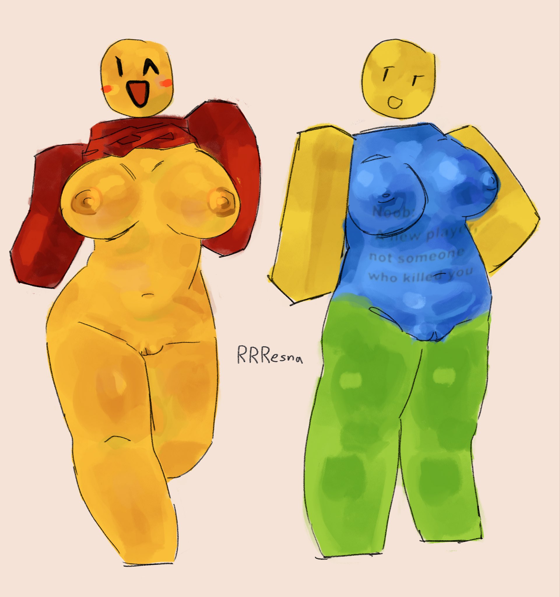 :d, 2girls, areolae, artist name, big breasts, blocky body, blue body, breasts, duo, elliot (forsaken), female, female only, forsaken (roblox), genderswap, genderswap (mtf), lifting shirt, nipples, noob (forsaken), noob (roblox), o ^, official alternate costume, one eye open, open mouth, pussy, retro elliot (forsaken), retro noob (forsaken), roblox, roblox game, robloxian, rrresna, rule 63, shirt lift, standing, thighs, wink, winking, winking at viewer, yellow body, yellow skin