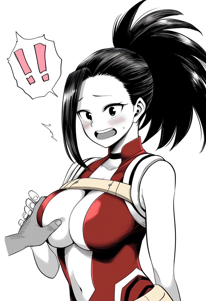 1girls, 1other, ai generated, ambiguous gender, black eyes, black hair, boku no hero academia, breasts, center opening, female, grabbing another's breast, highres, horoyoi drink, momo yaoyorozu, momo yaoyorozu (hero outfit), monochrome, my hero academia, navel, ponytail, red leotard, solo focus, yaoyorozu momo, yaoyorozu momo (hero outfit)