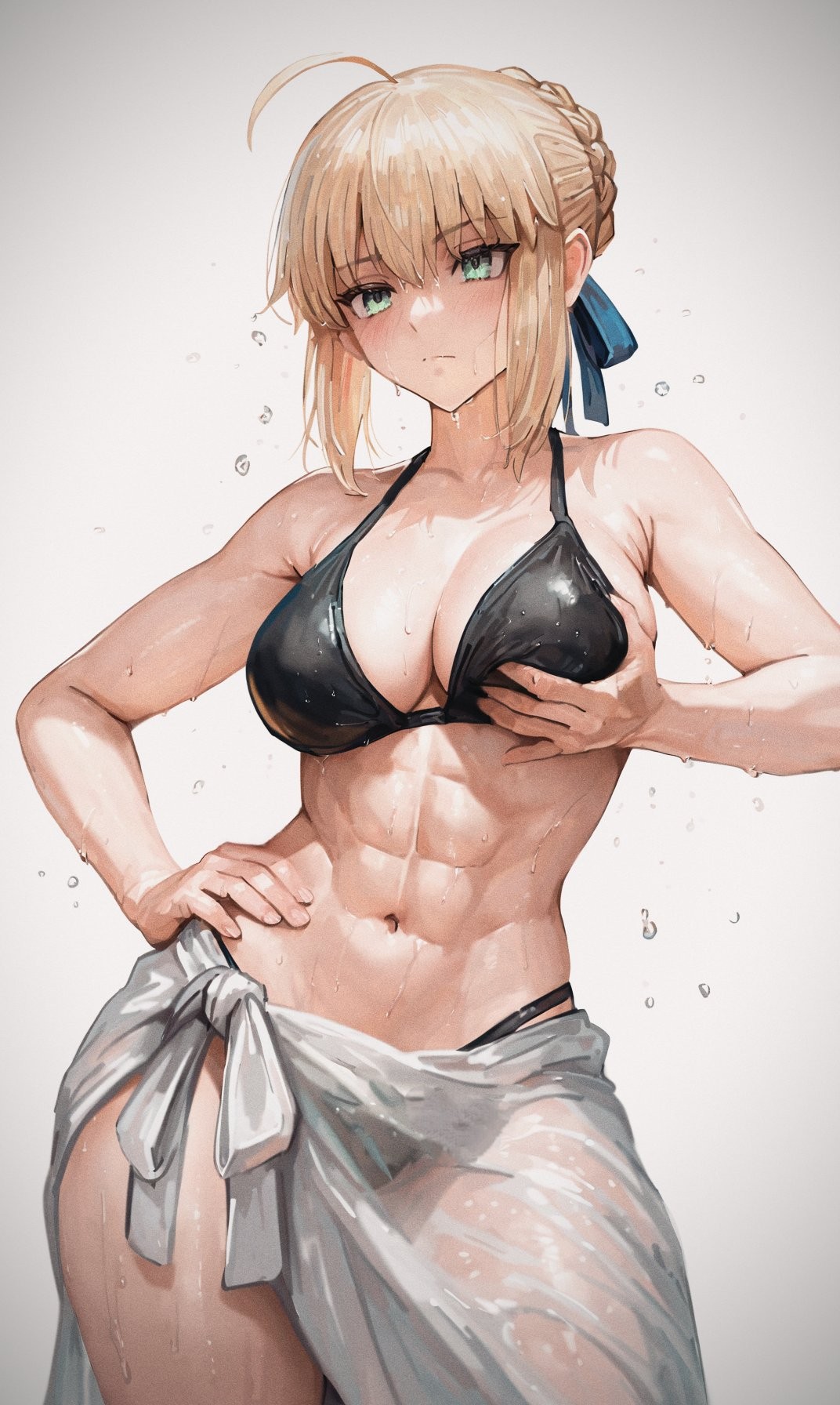 abs, ai generated, artoria pendragon, big breasts, black bikini, blonde hair, breasts, fate (series), female, grabbing own breast, hand on hip, mercyofblade, saber, solo female, swimwear, toned female