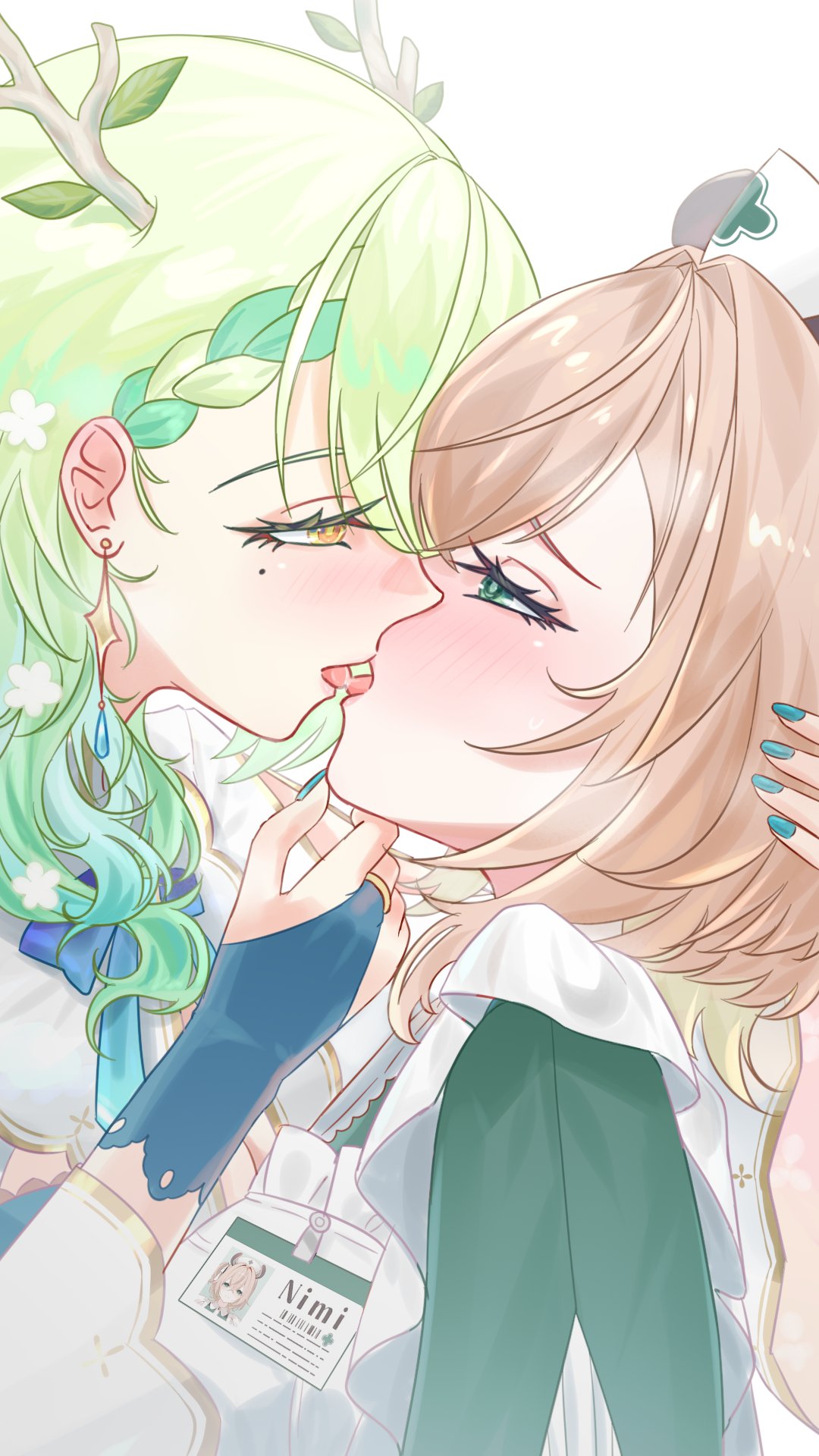 2girls, antlers, brown hair, ceres fauna, female, graduated vtuber, green eyes, green hair, hololive, hololive english, hololive english -council-, hololive english -promise-, horn, indie virtual youtuber, kissing, nimi nightmare, seekorplatypus, selfcest, tongue, tongue kiss, virtual youtuber, yellow eyes, yuri