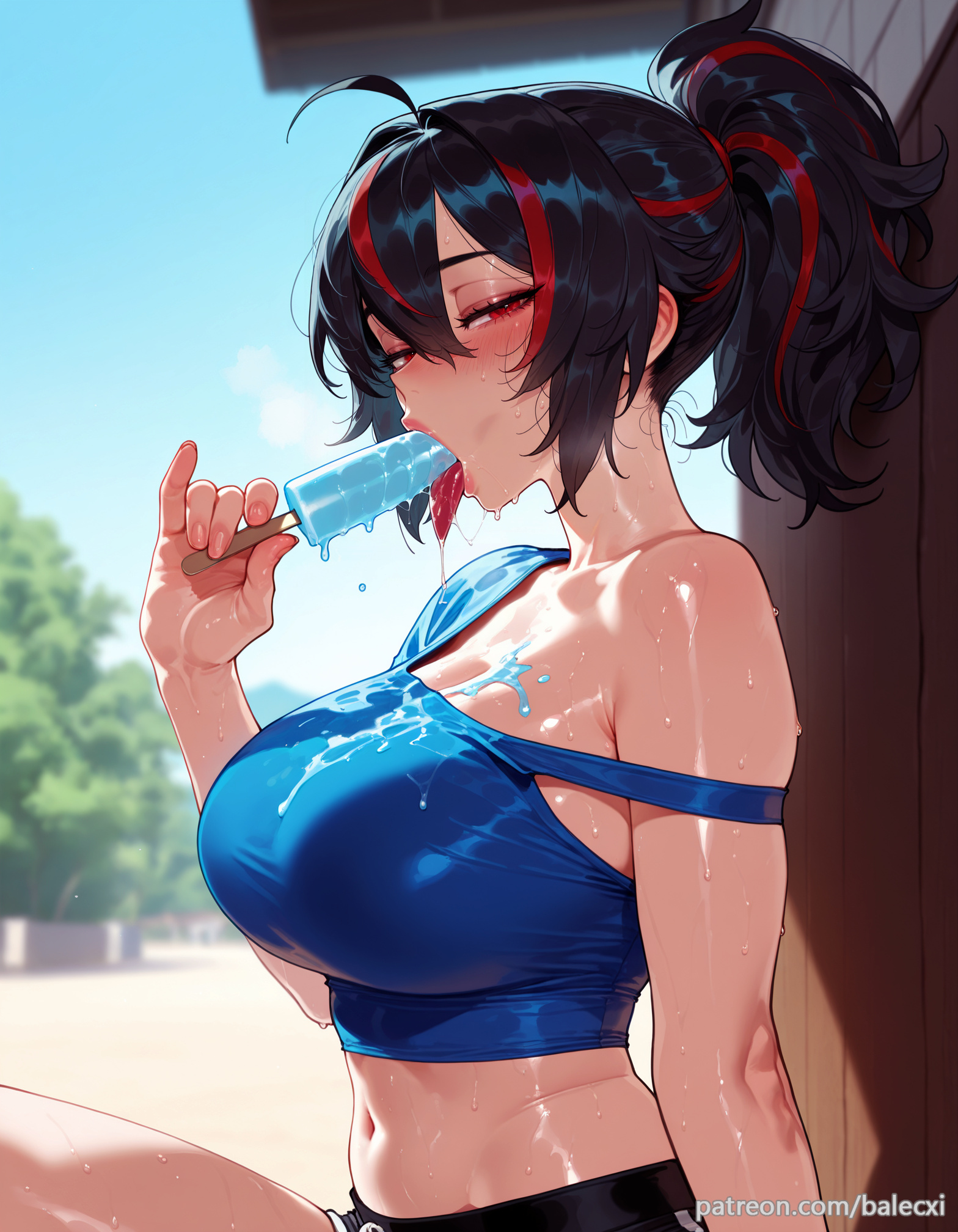 ahoge, ai generated, balecxi, black hair, black shorts, blush, breasts, crop top, female, food, large breasts, looking at viewer, midriff, navel, oral, ponytail, popsicle, red eyes, red hair, sexually suggestive, solo, strap slip, streaked hair, sweat, tongue, tongue out, zenless zone zero, zhu yuan