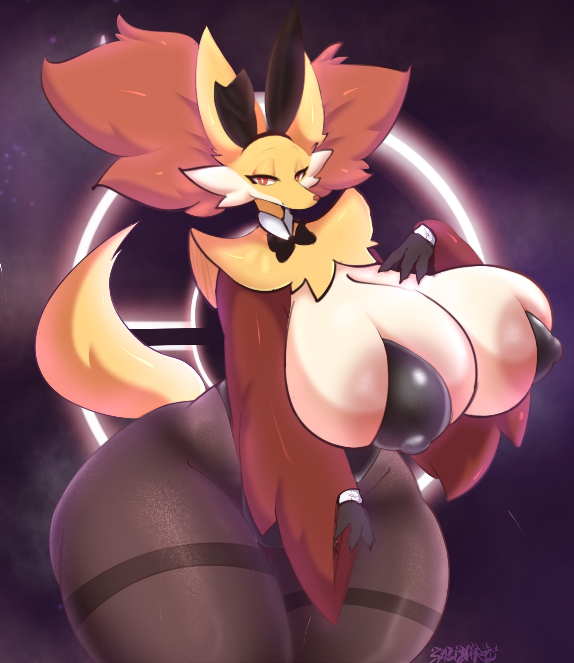 1girls, anthro, areola, areola slip, barely contained, barely contained breasts, big breasts, black clothing, black legwear, black leotard, black pantyhose, breasts, bulging breasts, clothing, curvy figure, delphox, eyelashes, female, fur, generation 6 pokemon, glistening, glistening clothing, hi res, huge, huge breasts, huge hips, legwear, leotard, looking at viewer, nintendo, pantyhose, pink areola, playboy bunny, pokemon, pokemon (species), red body, red eyes, red fur, salchikokokoko, solo, standing, thick thighs, voluptuous, white body, white fur, wide hips, yellow body, yellow fur
