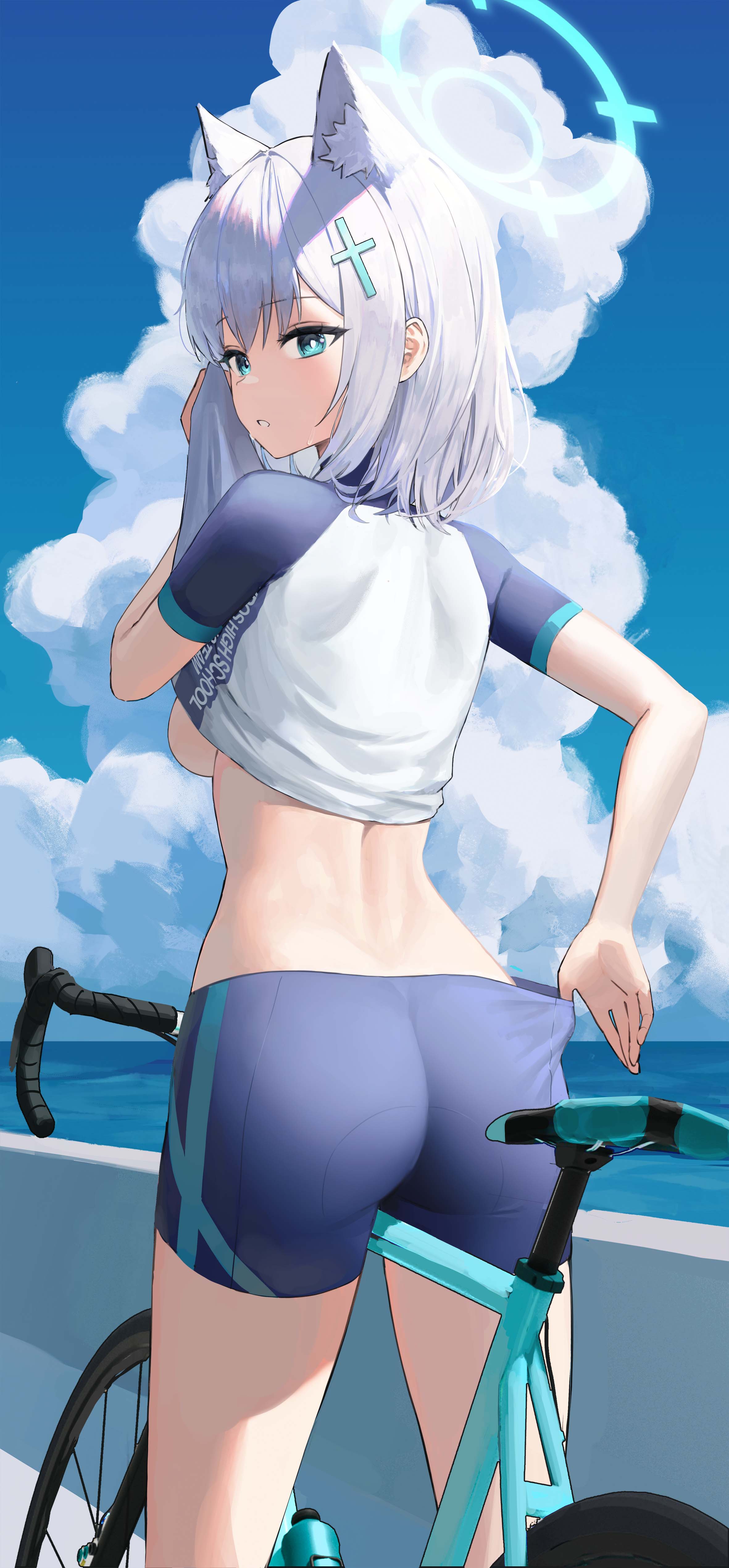 1girls, abydos high school student, ass, average breasts, bicycle, big ass, blue archive, breasts, damcheong, female, female only, fully clothed, halo, highres, ideal woman, perfect body, perfect figure, shiroko (blue archive), shiroko (cycling) (blue archive), short hair, skintight, sweat, sweatdrop, tight clothing, toned female, video game character, wolf ears