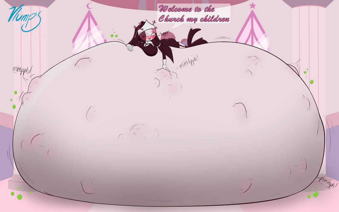 1girls, belly on ground, big belly, big breasts, breasts, church, digesting, female, female pred, friday night funkin, huge belly, massive belly, pink skin, sarvente, sarvente (dokki.doodlez), sarvente (fnf mod), sarvente (friday night funkin), screaming, stomach deformation, stomach noises, struggling, struggling prey, stuffed, stuffed belly, text, trying to escape, vlumpy, vore