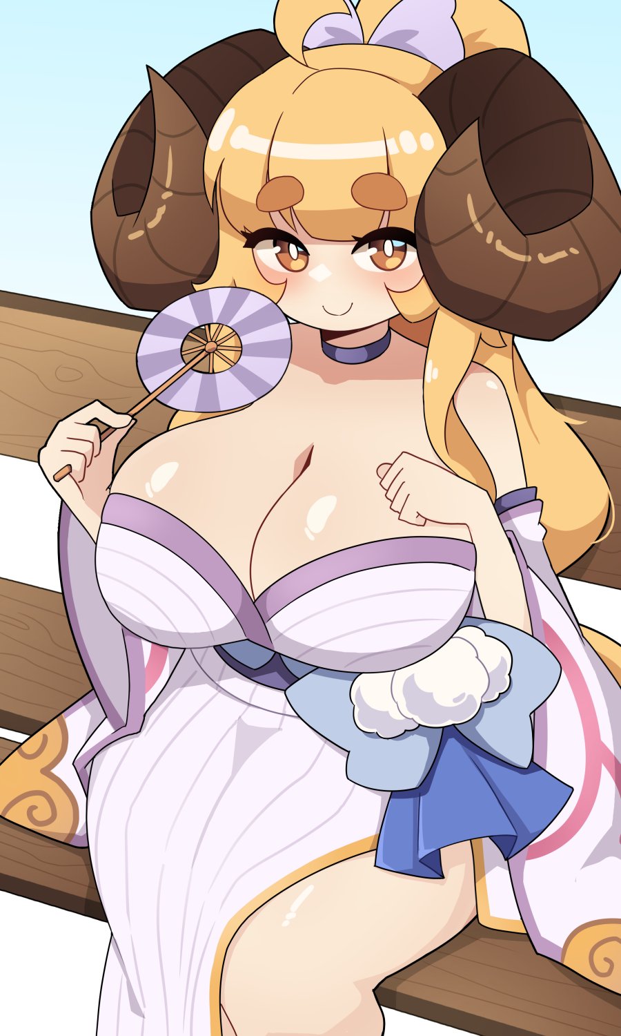 1girls, ahoge, amber eyes, anila (granblue fantasy), big breasts, big horns, blonde hair, blush, breasts, choker, cleavage, commission, curved horns, draph, eyebrows visible through hair, female, female only, granblue fantasy, hair ribbon, hi res, horns, j5daigada, japanese clothes, large breasts, long hair, looking at viewer, sitting, smiling, smiling at viewer, solo, thick eyebrows, yukata