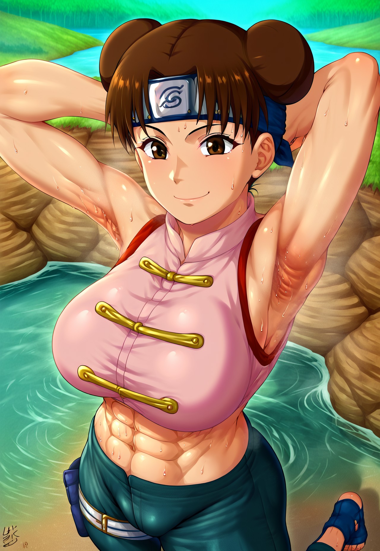 1girls, abs, aged up, ai generated, armpit, armpit fetish, armpits, arms behind head, arms up, athletic, athletic female, big breasts, breasts, brown eyes, brown hair, civitai, clothed, double bun, female, female focus, female only, fit, fit female, headband, looking at viewer, muscular, muscular abdomen, muscular abs, naruto, naruto (classic), naruto (series), presenting armpit, puckout, sandals, sleeveless, smile, smiling, smiling at viewer, solo, solo female, solo focus, sweat, sweatdrop, sweating, sweating female, sweaty, sweaty armpit, sweaty armpits, sweaty body, tenten, tenten (genin)