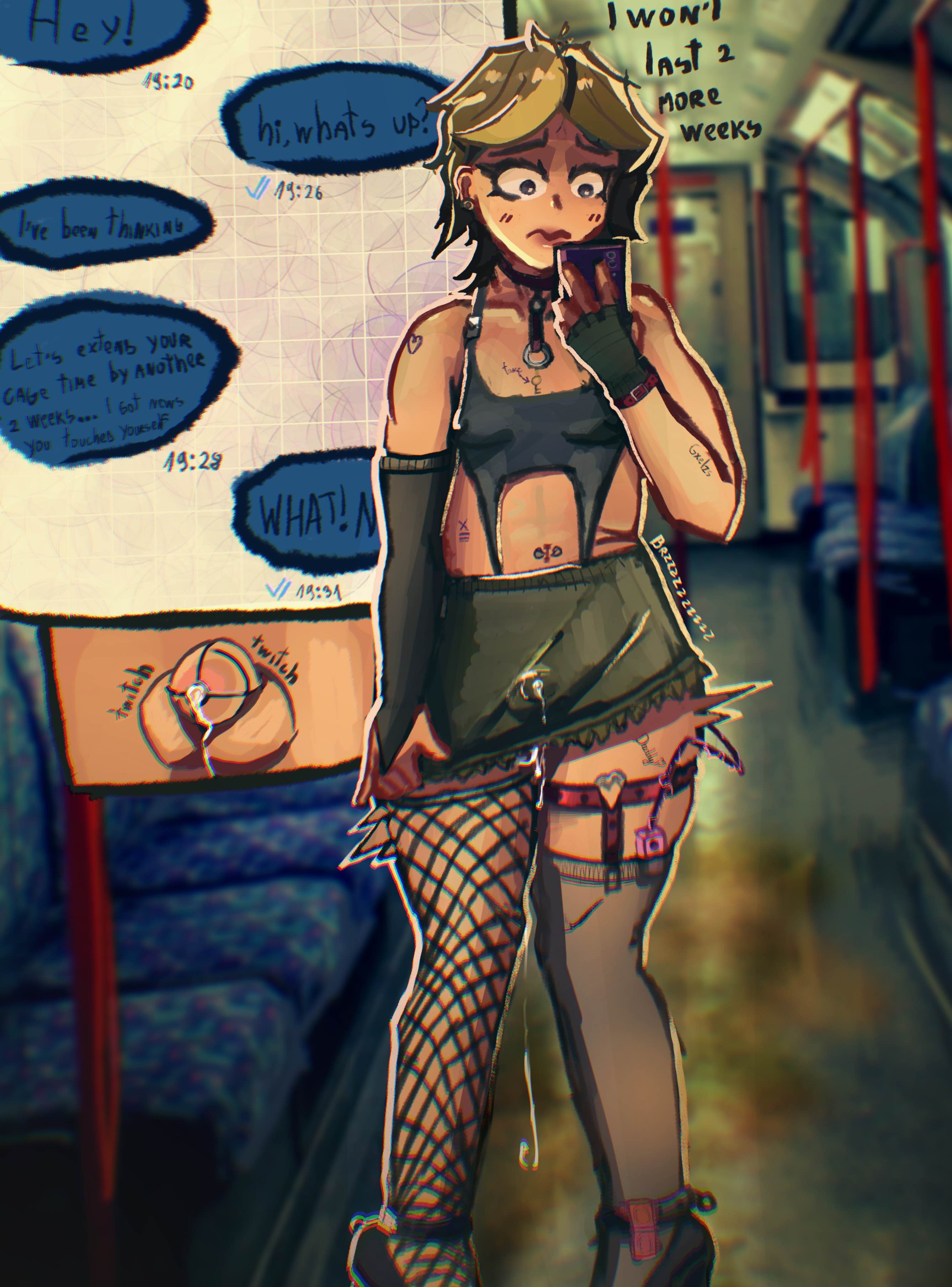 army, breasts, bullet egg, cable, camo, chastity, chastity cage, chastity device, condom, condom accessories, condom wrapper, crossdressing, crossdressing male, cum, digital art, drawing, english text, femboy, futanari, gloves, gxelzs, illustration, intersex, key, locked, male, metal, miniskirt, pencil skirt, perky breasts, perky nipples, phone, phone screen, precum, remote control, remote control vibrator, screen, speech, speech bubble, submissive, submissive male, text, text box, thigh highs, tight clothing, tights, toys, unsure, vibrator in ass