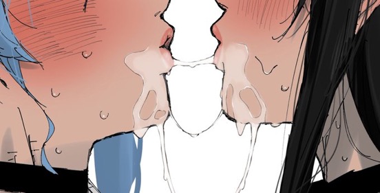 black hair, blue hair, blush, carrot 011, choker, drooling, female, hololive, hololive english, hololive english -advent-, hololive gen 0, hololive japan, hoshimachi suisei, lesbian kiss, nerissa ravencroft, virtual youtuber, vtuber, white skin, yuri