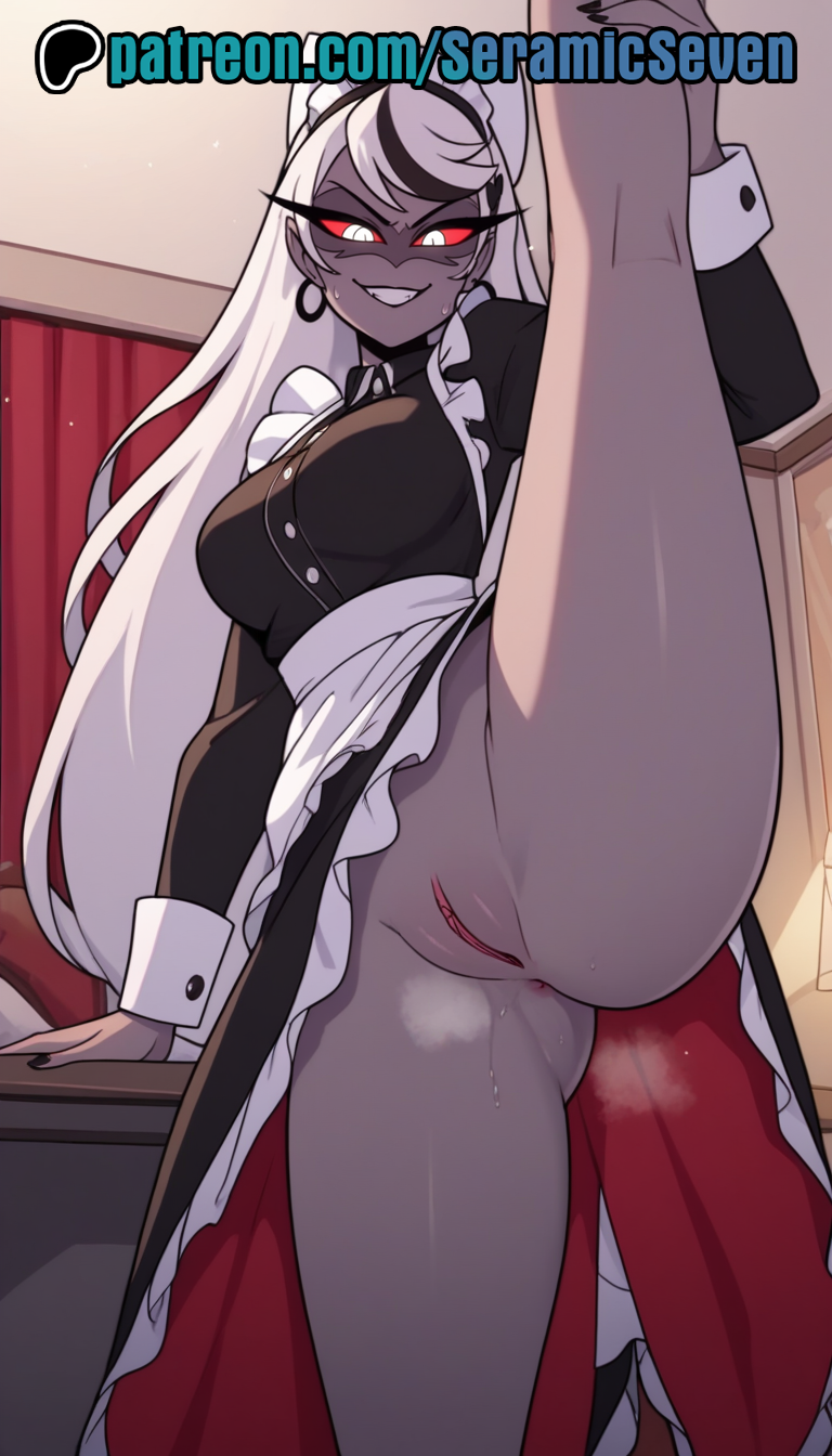 1girls 2d ai anime anime_style carmilla_carmine female female_focus female_only hazbin_hotel legs_up long_hair maid maid_outfit maid_uniform milf mommy one_leg_up red_sclera seramic_seven solo solo_female solo_focus uncensored uncensored_pussy uncensored_vagina white_eyes