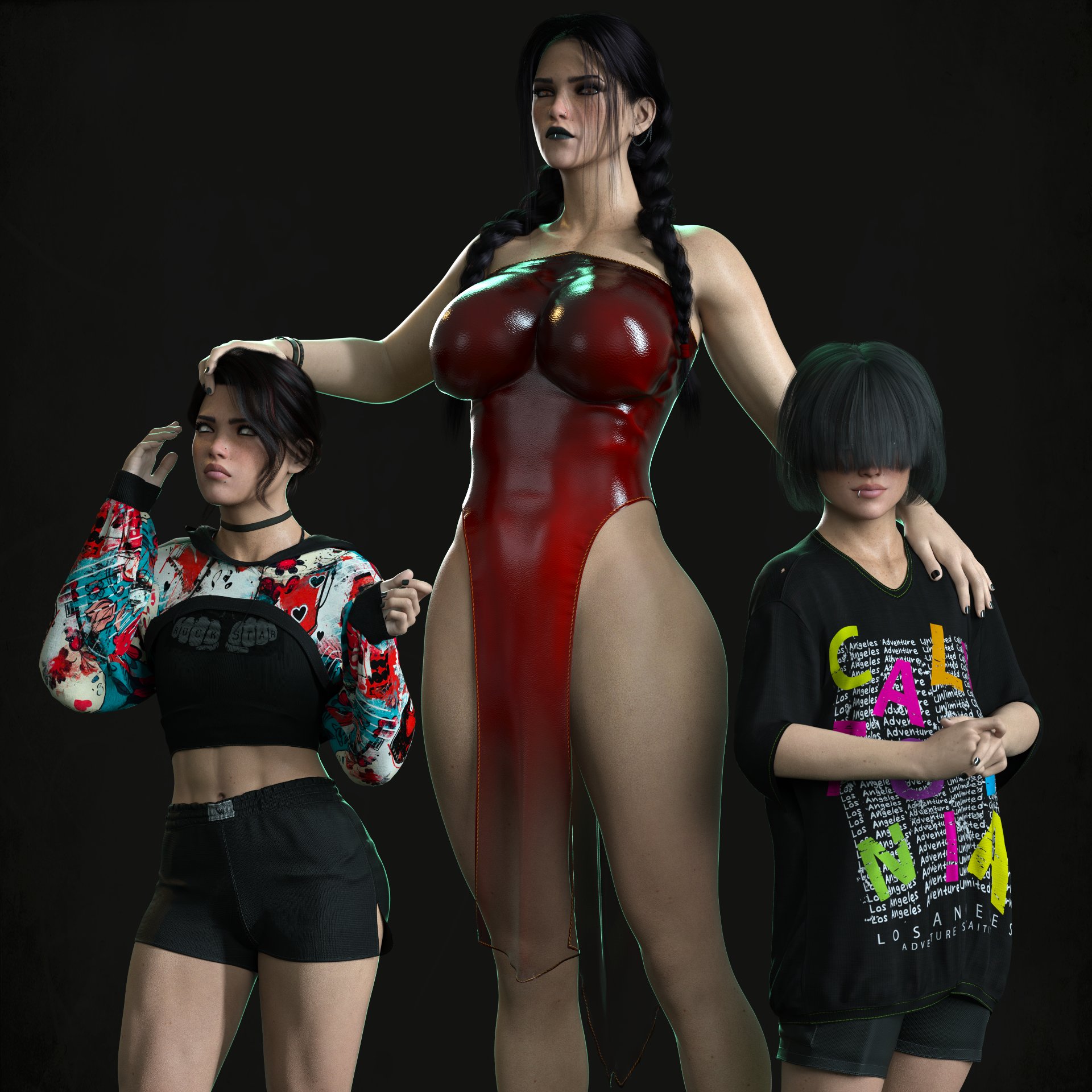 1girls, 2024, 2boys, 3d, bangs, belladonna (skittym), belly button, brother, brothers, clavicle, female, femboy, goth, jason (skittym), light skin, light-skinned female, light-skinned male, long-haired female, looking at viewer, male, mother, mother and son, mouth piercing, one piece dress, original, original character, pale eyes, piercings, red dress, skittym, tied hair, vampire, vampire femboy, vampire girl, victor (skittym), waist