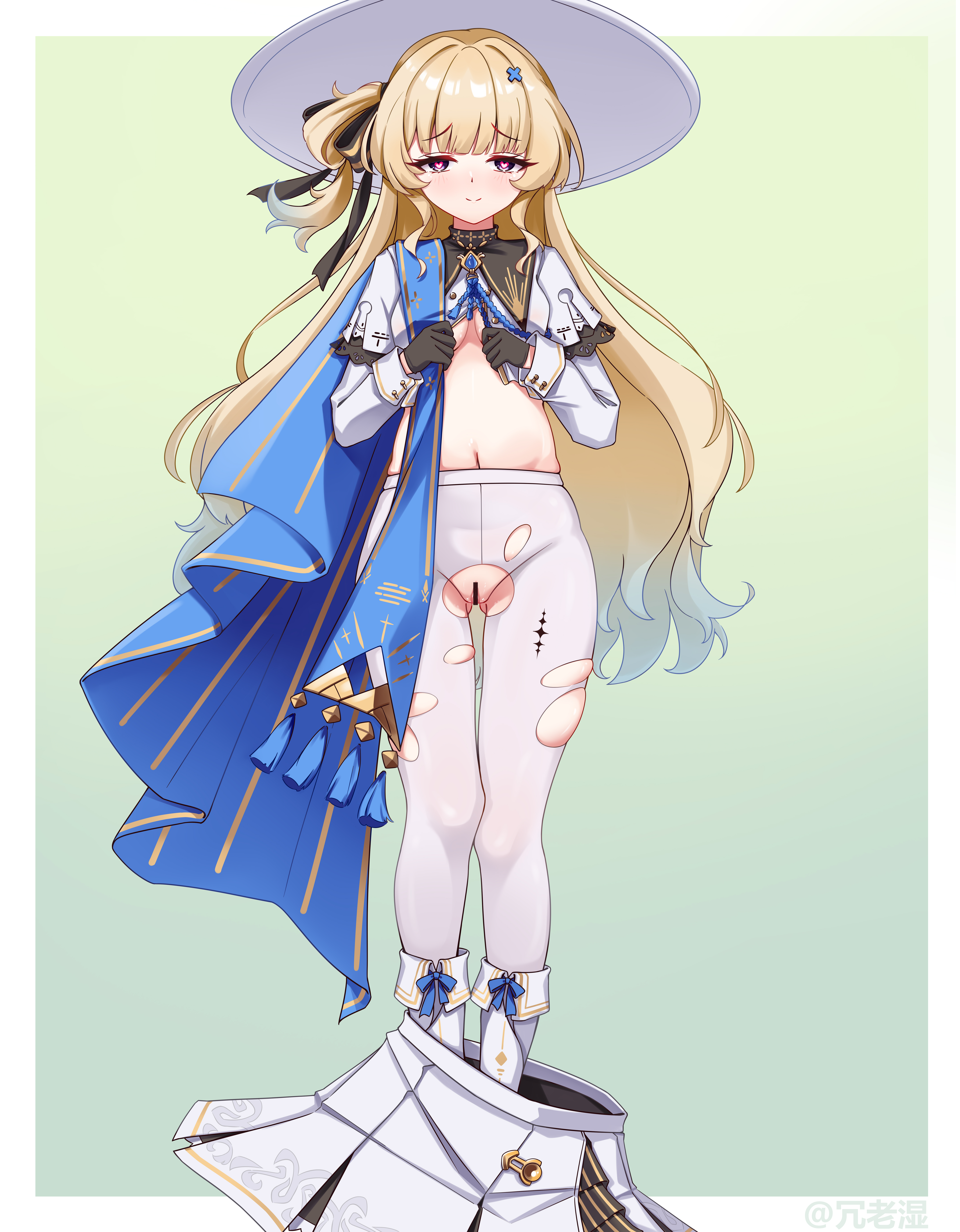 1girls, absurd res, absurd resolution, absurdres, ass visible through thighs, belly, belly button, big hat, black gloves, black ribbon, blonde hair, blonde-haired female, blush, blush lines, blushing at viewer, breasts, censor bar, censored, censored pussy, color, colored, cute, cute face, female, female only, hair accessory, hair ornament, hair ribbon, hands on chest, hat, heart shaped pupils, hi res, high res, high resolution, highres, kuro games, large hat, light skin, light-skinned female, long hair, looking at viewer, pantyhose, partially clothed, petite, petite female, phoebe (wuthering waves), purple eyes, pussy, pussy lips, pussy peek, ripped pantyhose, rong laoshi, shoes, shoes on, simple background, skirt, skirt down, skirt removed, smile, smiling at viewer, solo, standing, standing female, stomach, tacet mark (wuthering waves), thigh gap, transparent censoring, tummy, underboob, vagina, white clothing, white hat, white pantyhose, wuthering waves