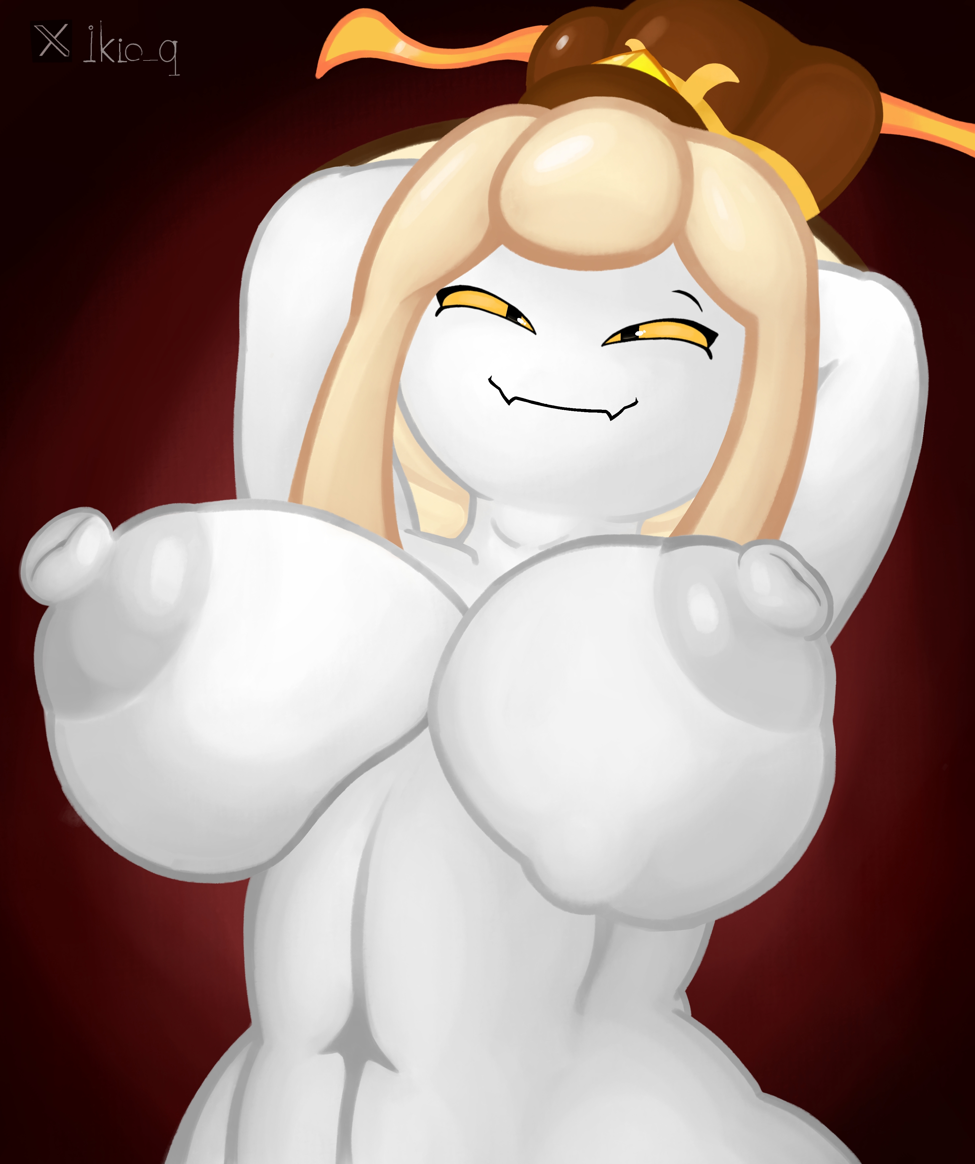 1girls, belly, breasts, cookie, cookie run, cookie run ovenbreak, female, female focus, female only, food creature, hair, hands behind head, happy female, horny, horny face, horny female, huge breasts, huge nipples, iko q, looking at viewer, looking down, nude, nude female, self upload, simple background, snake, snake fruit cookie, snake girl, twitter username, yellow eyes
