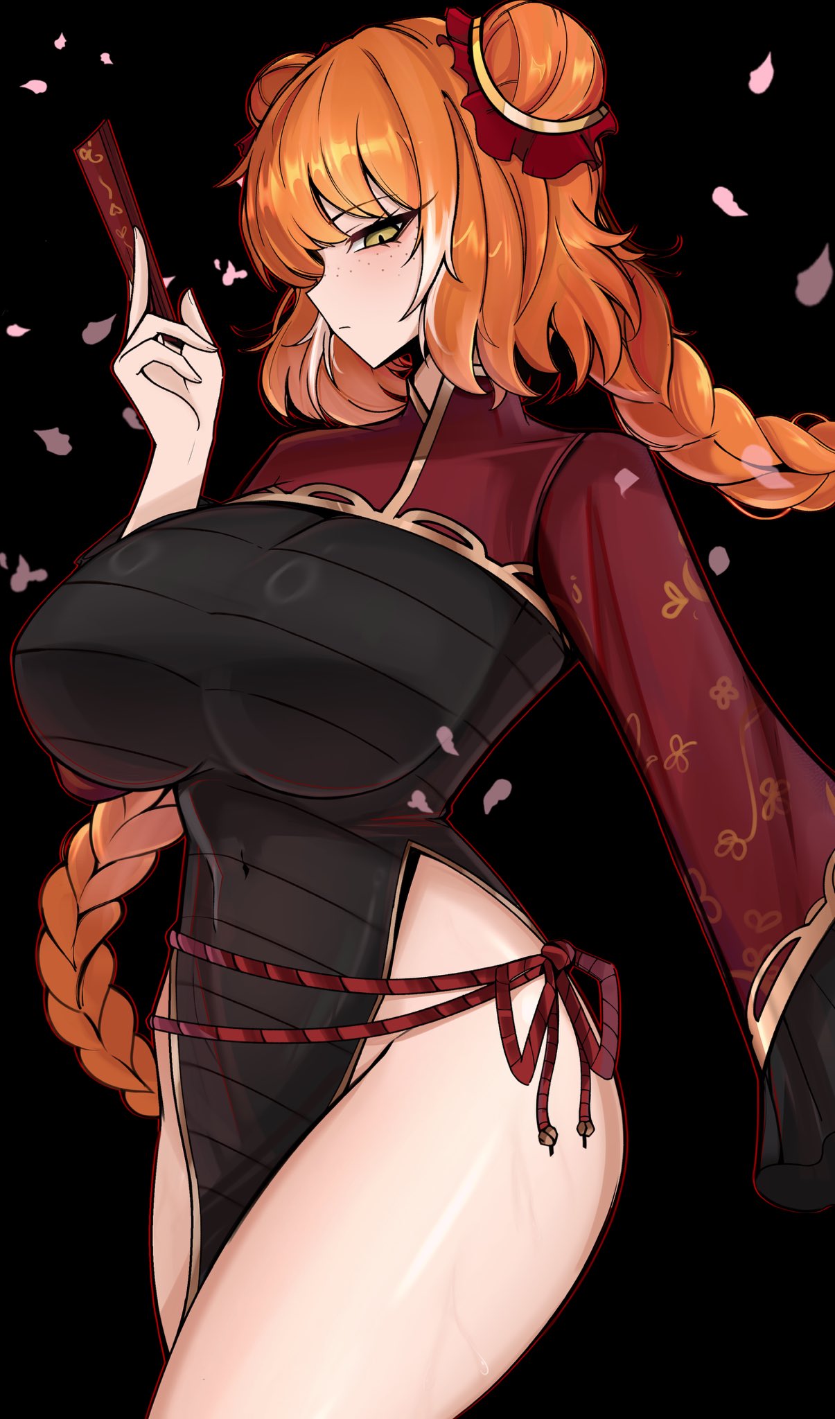 big breasts, black background, blush, braided hair, breasts, chinese clothes, eyebrows visible through hair, eyelashes visible through hair, female, female focus, female only, freckles, hair ornament, holding object, holding talisman, ishmael (limbus company), jia xichun (limbus company), large breasts, light skin, light-skinned female, limbus company, looking at viewer, m ayonessa, orange hair, project moon, sakura petals, skintight, skintight clothing, thighs, tight clothing, twintails, white hair