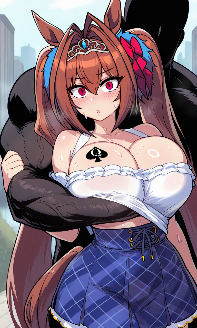 1boy, 1girls, ai generated, breast grab, breasts, brown hair, caught, cheating, cheating girlfriend, cuckold, daiwa scarlet (casual) (umamusume), daiwa scarlet (umamusume), dark skin, dark-skinned male, female, grabbing, male, netorare, ntr, qos, qos tattoo, queen of spades, red eyes, spade tattoo, surprised, tiara, twintails, umamusume, umamusume pretty derby