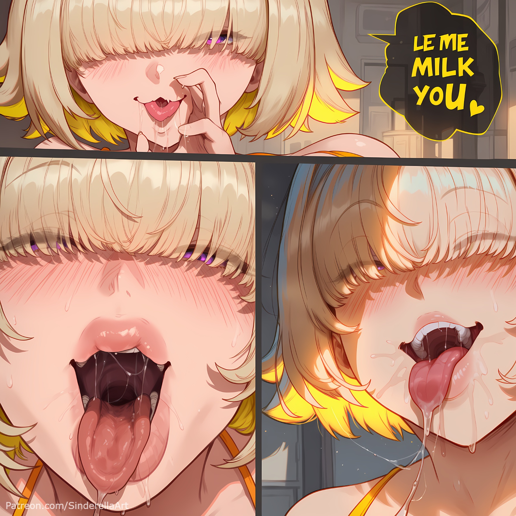 ai generated, blonde hair, blush, breasts, busty, caption, cleavage, comic, comic page, commission, dialogue, elegg (nikke), english text, fellatio gesture, female, goddess of victory: nikke, hair over eyes, huge breasts, micro bikini, milf, multiple views, open mouth, oral invitation, patreon, patreon url, patreon username, saliva, saliva trail, short hair, sinderellaart, sweat, swimwear, teeth, text, text bubble, thick, tongue, tongue out, uvula, voluptuous, yellow bikini