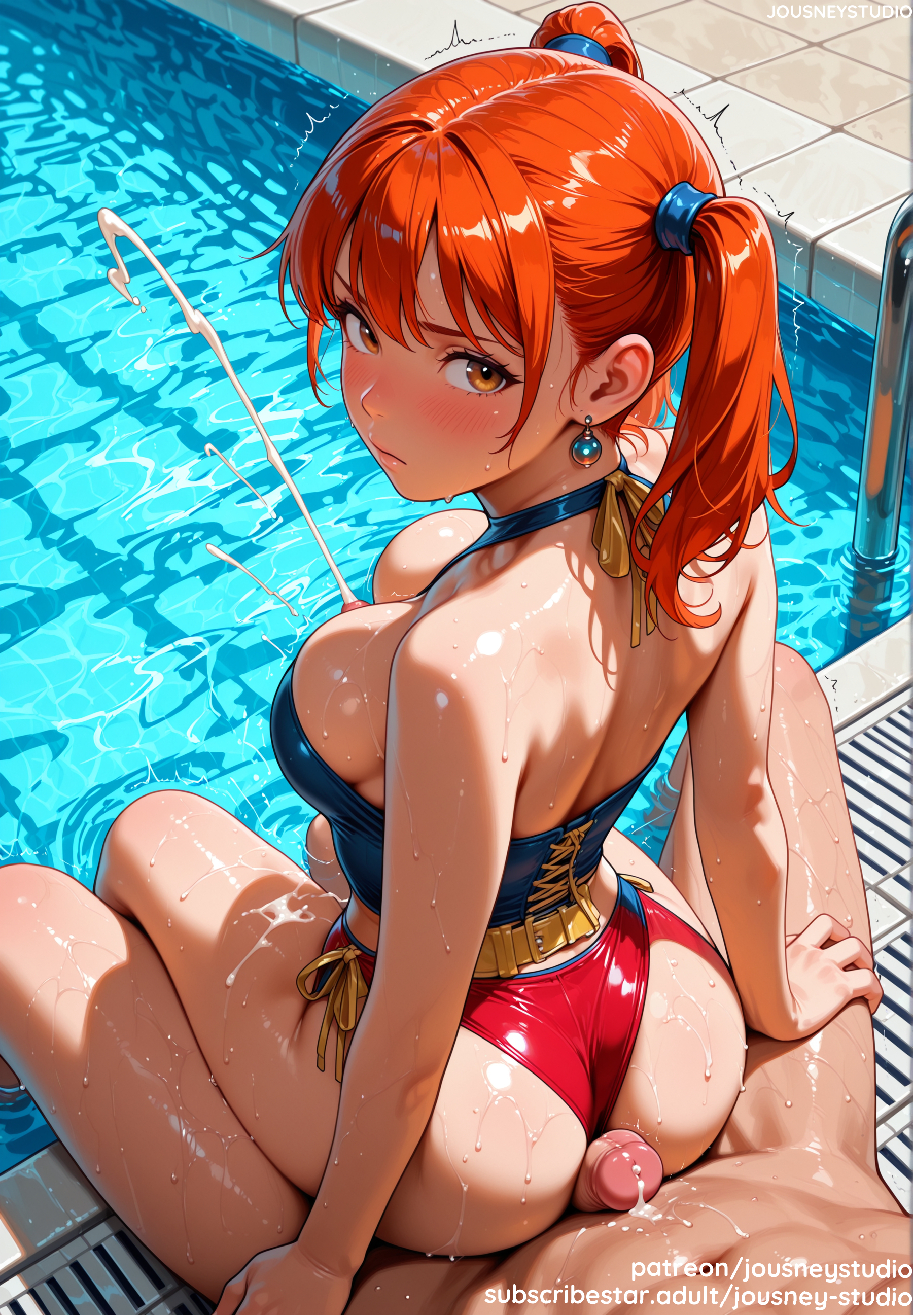 1boy, ai generated, ass, assjob, back, bangs, bare shoulders, bikini, black swimsuit, blue one-piece swimsuit, blue swimsuit, blush, breasts, buttjob, closed mouth, clothing, competition swimsuit, cum, day, dragon quest, dragon quest viii, earrings, ejaculation, erection, female, from behind, futanari, grinding, hair ornament, indoors, intersex, jessica albert, jewelry, jousneystudio, ladder, large breasts, legs, long hair, looking at viewer, looking back, male, male on futa, nipples, nude, ocean, one-piece swimsuit, orange eyes, orange hair, original, outdoors, partially submerged, penis, penis on ass, ponytail, pool, pool ladder, poolside, projectile cum, reverse cowgirl position, semen, sex, shiny skin, side ponytail, side-tie bikini bottom, sideboob, sitting, sitting on person, smile, solo focus, spread legs, straight, sweat, swimsuit, swimsuit aside, tank suit, thigh sex, thighs, tiles, trembling, twintails, twitching penis, water, wet