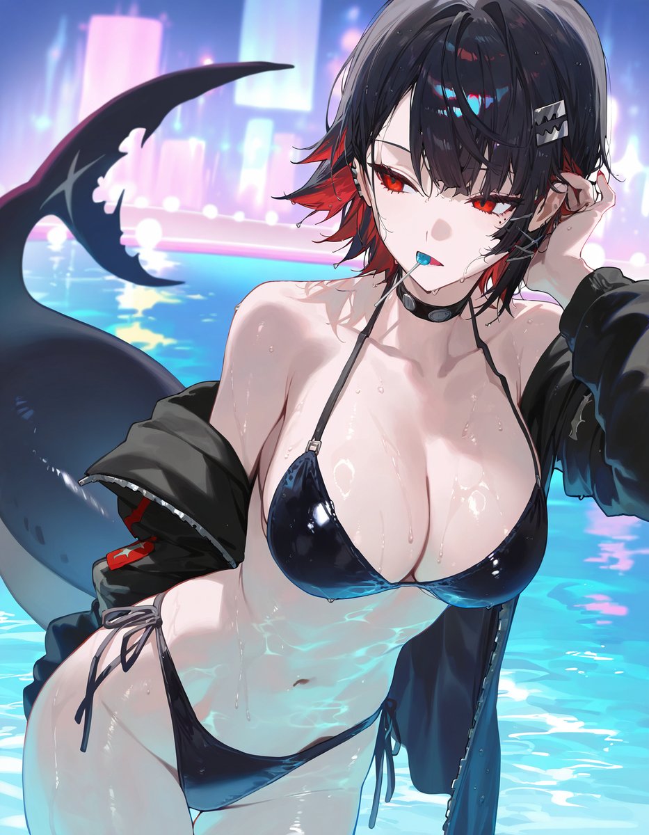 ai generated, bellmod3, big breasts, black bikini, breasts, choker, ellen joe, female, lolipop, off shoulder, pool, shark tail, wet, wet body, zenless zone zero