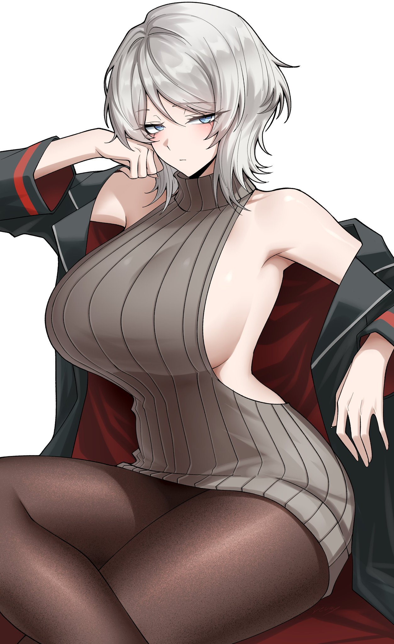 1girls, big breasts, blue eyes, breasts, clothed female, faust (limbus company), female, grey hair, light skin, light-skinned female, limbus company, project moon, sideboob, silver hair, solo, solo female, sweater, sweater vest, thick thighs, thighs, turtleneck, vvernerluniq, white background, white hair