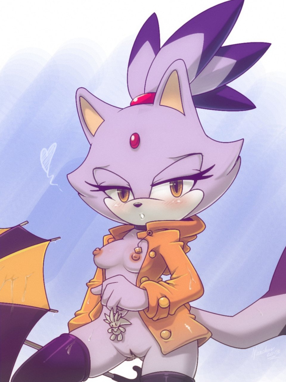 2013 amber_eyes anthro black_nose blaze_the_cat blush breasts clitoris clothing coat feline female fur furry heart looking_at_viewer nancher nipples purple_fur pussy pussy_juice sega solo sonic_(series) sonic_the_hedgehog_(series) stockings white_fur