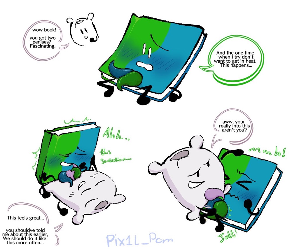2d, 2futas, battle for dream island, blue penis, book (bfdi), color, colored, dialogue, english text, futa on futa, futa only, futanari, green penis, intersex, multiple penises, object show, object shows, p1x tuber, penis, pillow (bfdi), purple penis, tentacle, tentacle penis, tentacle sex, text