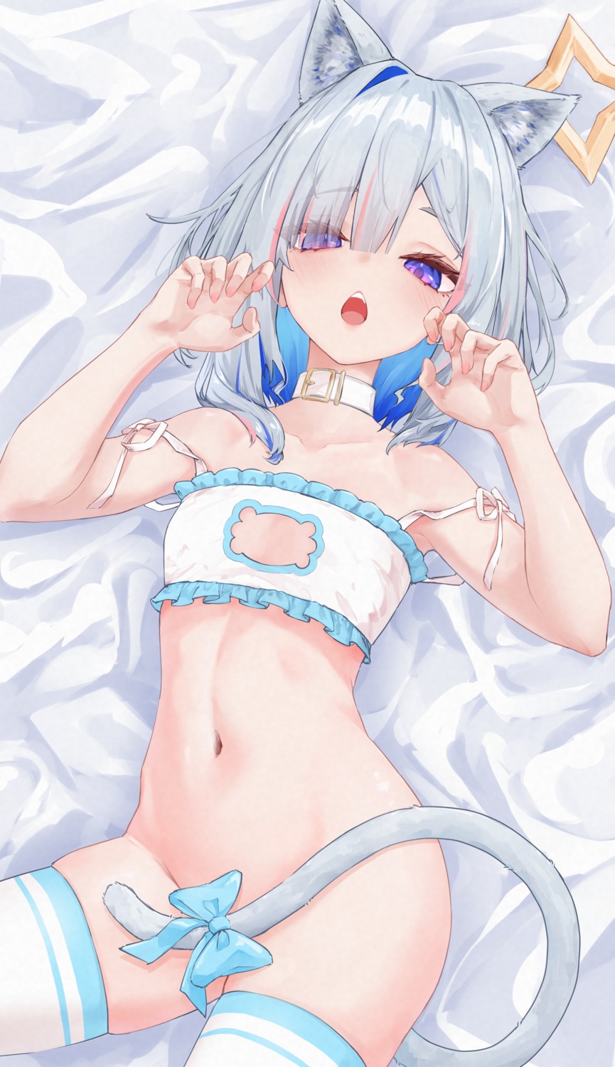 amane kanata, animal ear fluff, animal ears, bottomless, cat ears, cat girl, cat tail, covering crotch, covering pussy, female, holoforce, hololive, hololive japan, kemonomimi, legwear, no panties, pussy, tail, teasing, thighhighs, virtual youtuber, white legwear, white thighhighs