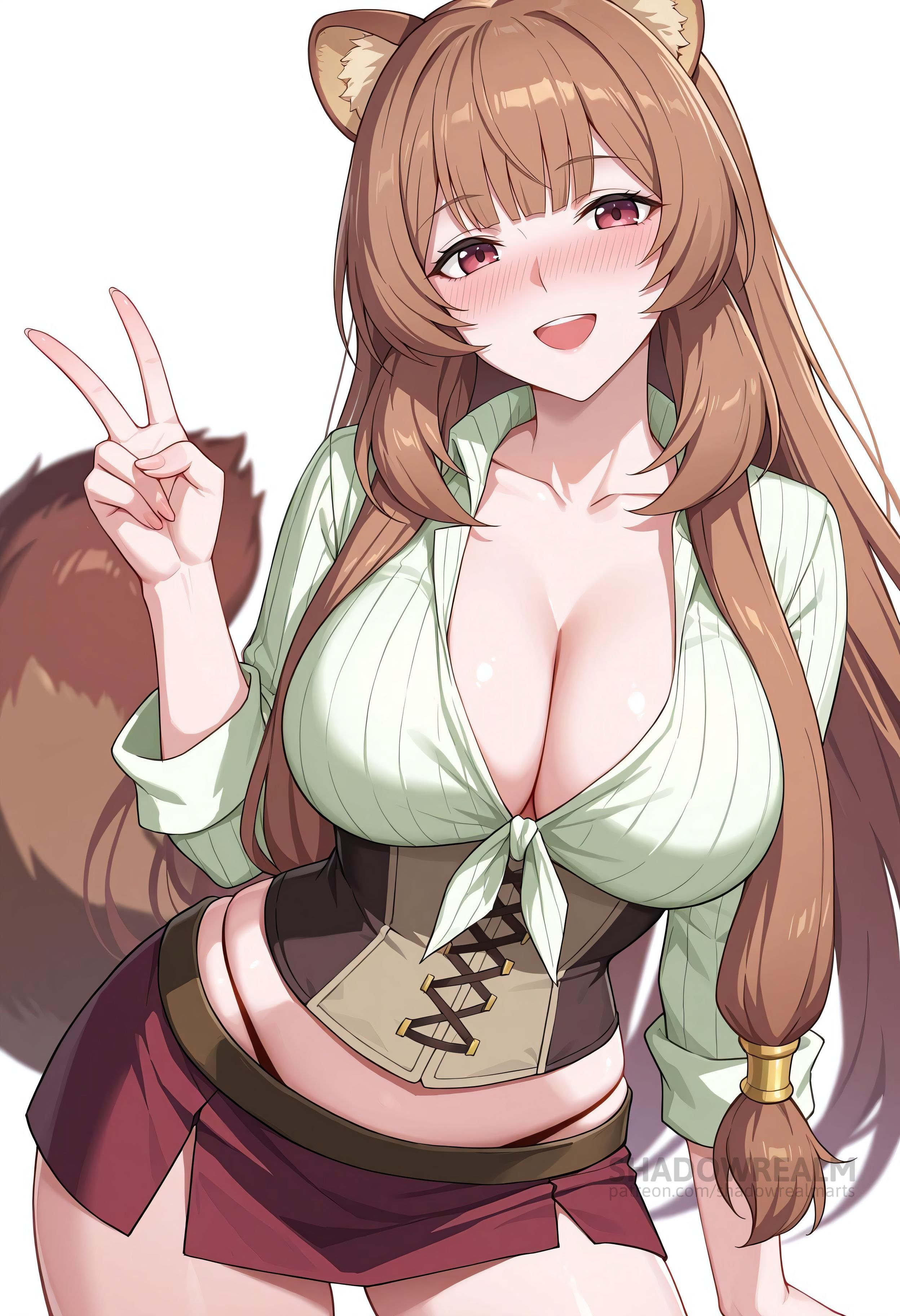 :d, ai generated, animal ear fluff, animal ears, blunt bangs, blush, breasts, brown hair, cleavage, collarbone, corset, cowboy shot, female, hand up, large breasts, long hair, long sleeves, looking at viewer, miniskirt, open mouth, panties, panty straps, patreon username, raccoon ears, raccoon girl, raccoon tail, raphtalia, red eyes, red skirt, shadowrealmarts, shirt, simple background, skirt, smile, solo, tail, tate no yuusha no nariagari, teeth, the rising of the shield hero, tied shirt, uncensored, underwear, v, very long hair, white background