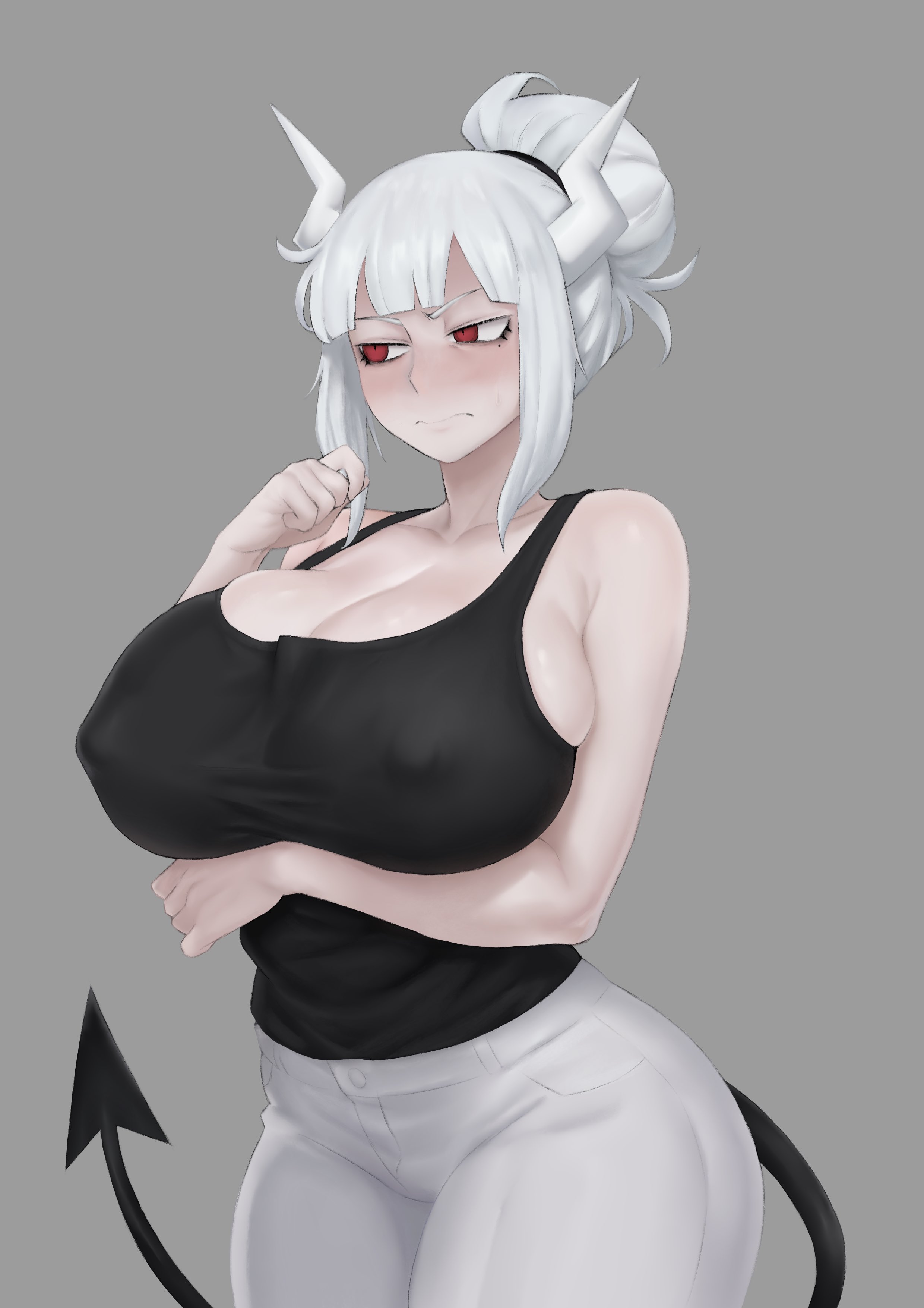 1girls, apron, bare shoulders, big breasts, black tail, blush, breasts, cleavage, covered nipples, demon, demon girl, demon horns, demon tail, female, female only, helltaker, horns, huge breasts, looking at viewer, lucifer (helltaker), meruzis, mole, mole under eye, pants, red eyes, shirt, simple background, solo, tail, white hair, white pants