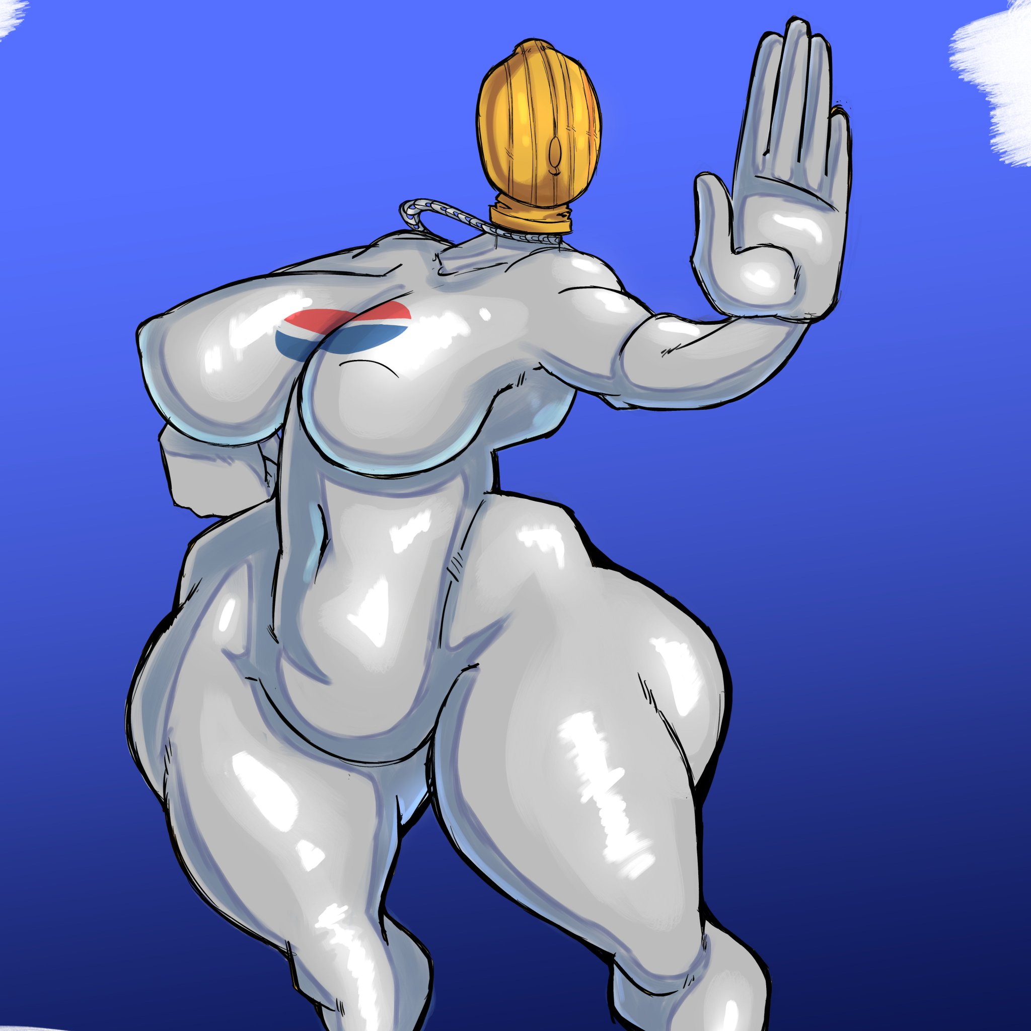 2d, 2d (artwork), blue background, breasts, chain necklace, female, female only, la ursidea, mask, masked, masked female, necklace, pepsi, pepsiwoman, solo, solo female, stop gesture, tagme, thighs