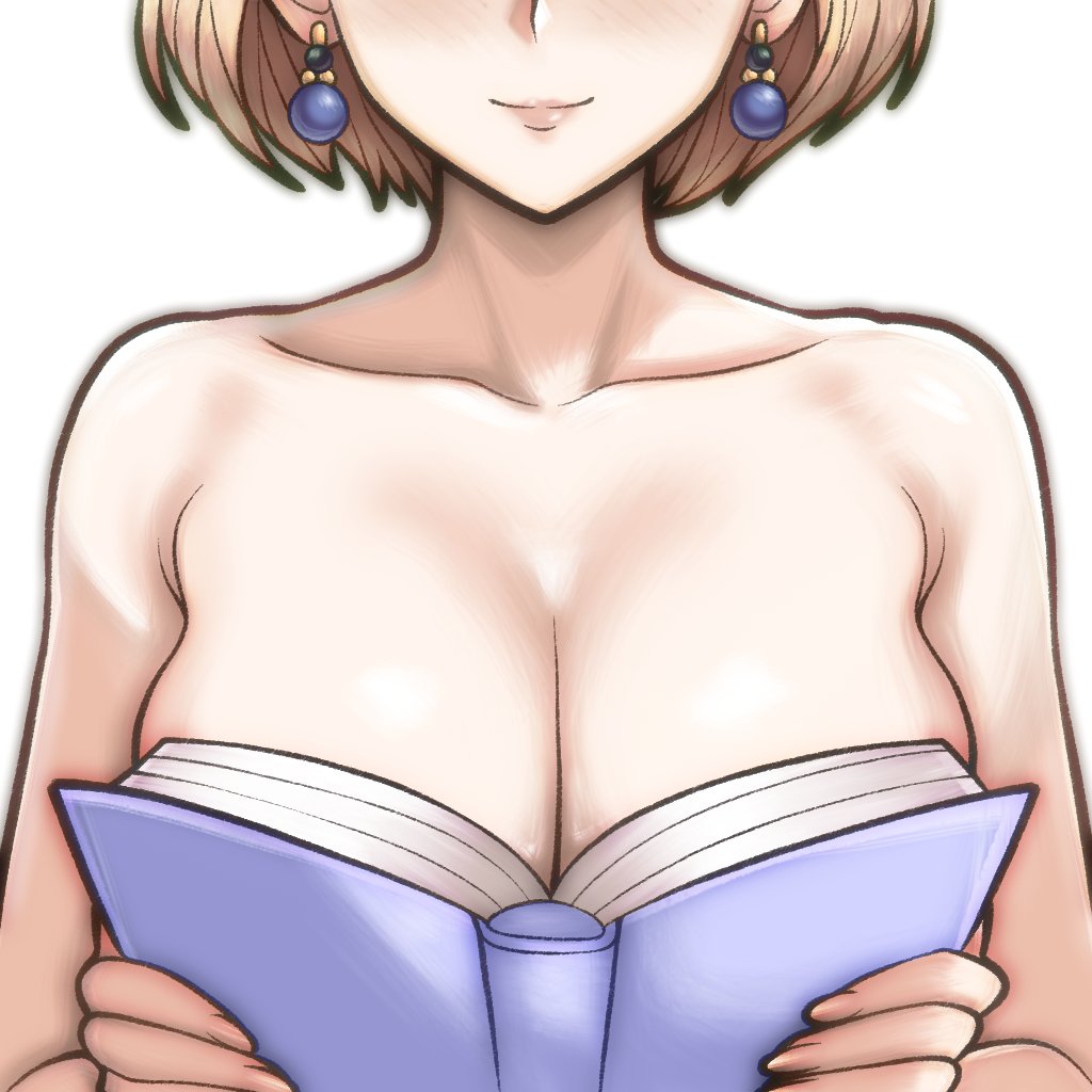 1girls, big breasts, blonde hair, book, book covering breasts, breasts, commissioner upload, earrings, eyes out of frame, female, female only, fire emblem, fire emblem: three houses, light skin, light-skinned female, mercedes von martritz, mercedes von martritz (timeskip), nintendo, nude, nude female, open book, post-timeskip, rotomdocs, short hair, smile, white background