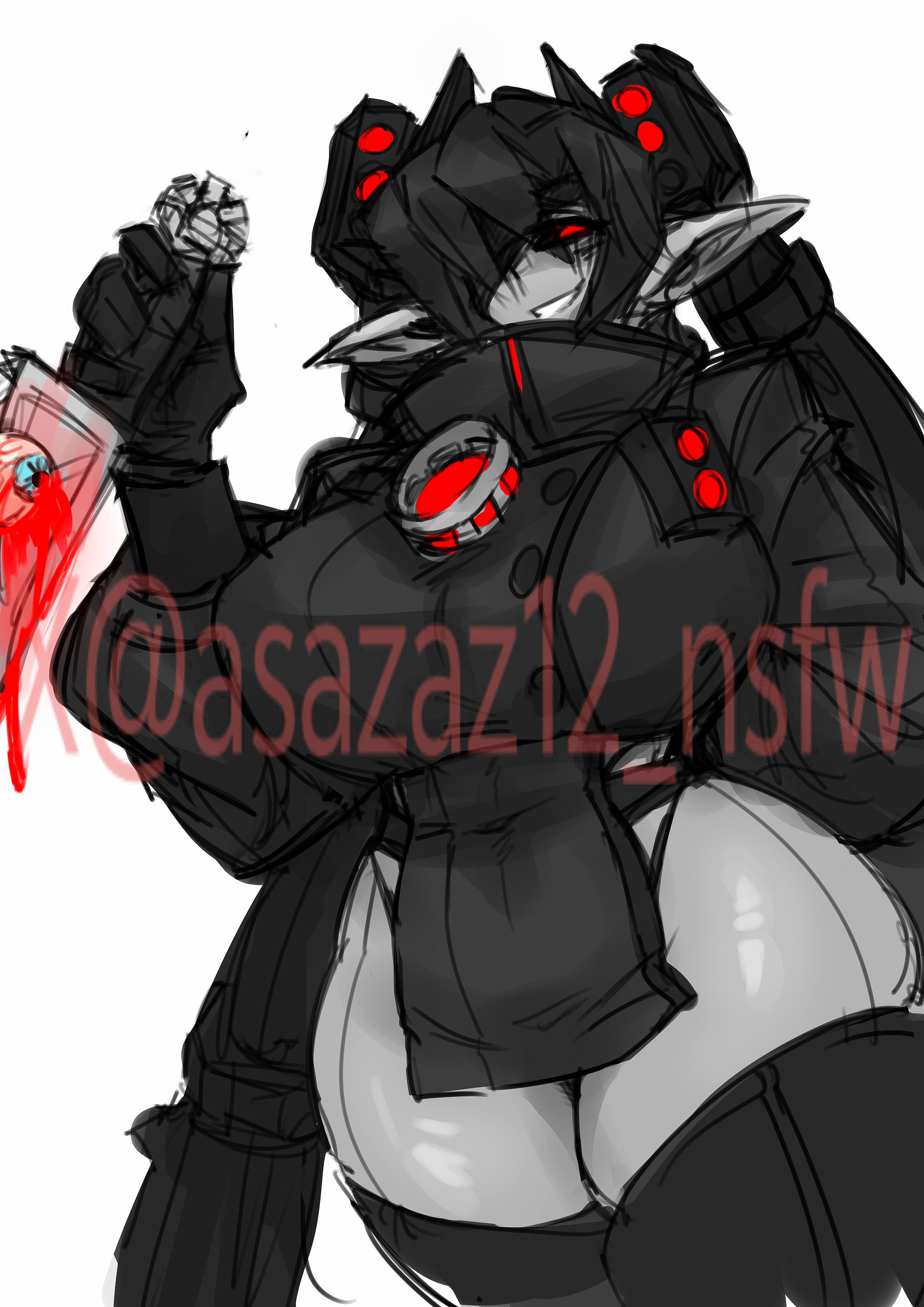 1girls, 2d, 2d (artwork), asazaz12 nsfw (artist), blood, breasts, clothed, executor (skibidi toilet), female, huge breasts, knife, semi-titan speaker man (skibidi toilet), skibidi toilet, speaker, speakers, thick thighs