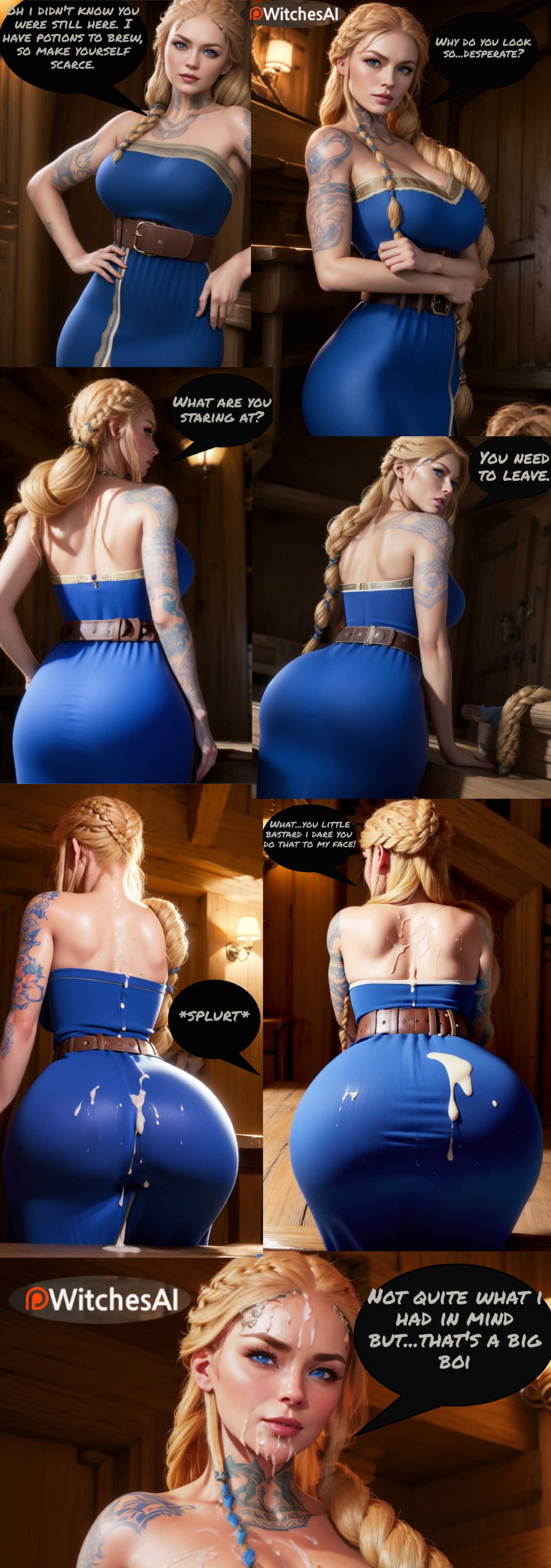absurd res, absurdres, ai generated, ass, bent over, blue dress, braid, braided hair, breasts, clothed female, clothing, comic, comic page, cum, cum on body, cum on breasts, cum on clothes, cum on dress, cum on face, female, femdom, god of war, god of war ragnarok, goddess, hi res, high quality, imminent orgasm, jpg, large ass, large breasts, mommy, mommy kink, multiple images, orgasm without stimulation, posing, sif, sif (god of war), surprised, tattoo, witches ai