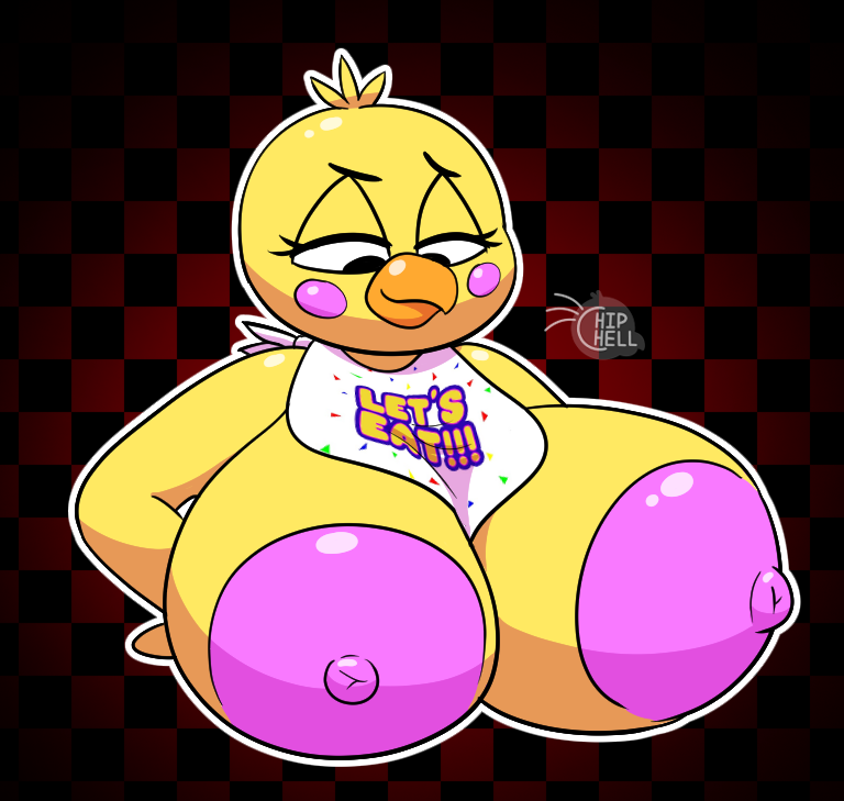 1girls 2021 avian avian_humanoid beak bib big_breasts big_nipples bird black_background black_eyes blush breasts checkered_background chica_(fnaf) chicken chicken_girl chipchell female female_only five_nights_at_freddy&#039;s furry hand_on_hip huge_breasts huge_nipples looking_at_self looking_down nipples orange_beak pink_nipples red_background scottgames solo yellow_feathers
