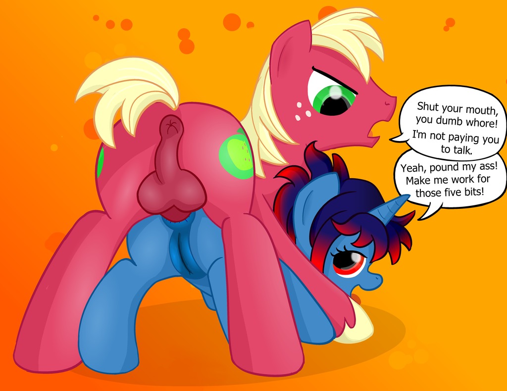 anal ass_up balls big_macintosh_(mlp) cutie_mark dialog duo equine female friendship_is_magic horn horse male my_little_pony ohohokapi original_character penetration penis pony prostitution pussy sex straight text tongue unicorn