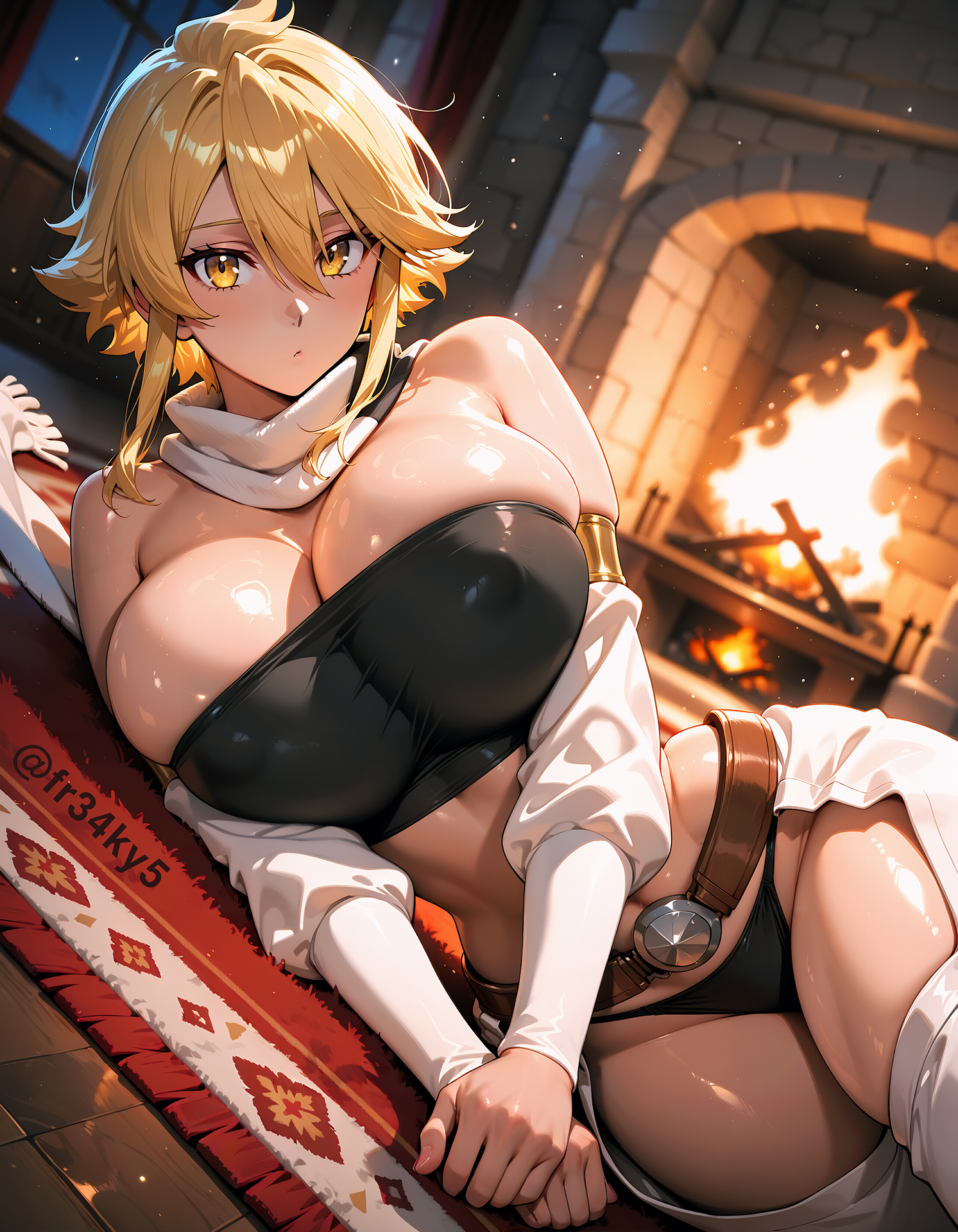 ai generated, akame ga kill!, blonde hair, breasts, cleavage, female, fr34ky, huge breasts, leone (akame ga kill!), lying on side, short hair, tubetop