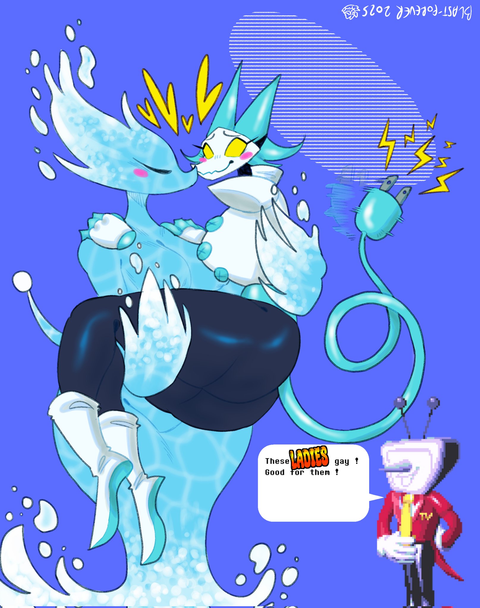 2girls, ass, big ass, big breasts, blush, blushing, blushing female, breasts, bridal carry, cat ears, clothed, clothed female, clothing, deltarune, deltarune chapter 2, deltarune chapter 3, deltarune chapter 4, dialogue, female, female only, female/female, flustered, flustered female, heart, hips, kissing, lesbian, lesbian kiss, meme, miss mizzle (deltarune), mizzle (deltarune), robot, robot girl, skin tight, tail, tail wagging, tasque manager (deltarune), tenna (deltarune), text, text bubble, thick thighs, thighs, undertale (series), water, watermark, wide hips, yanisp5, yuri