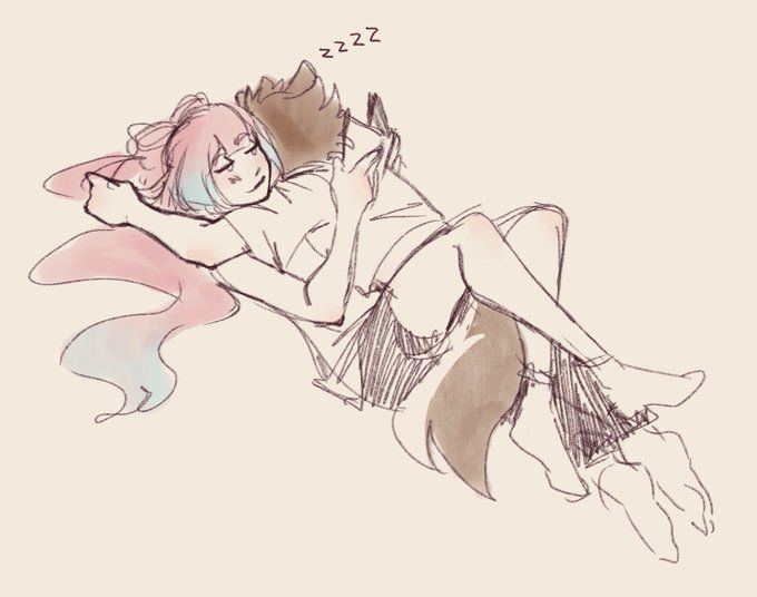 1boy, 1girls, colored sketch, cute, dog boy, dog tail, female, genshin impact, gorou (genshin impact), hugging, legs around partner, long hair, male, male/female, pink hair, romantic, romantic ambiance, romantic couple, sangonomiya kokomi, sketch, sleeping, straight, wholesome